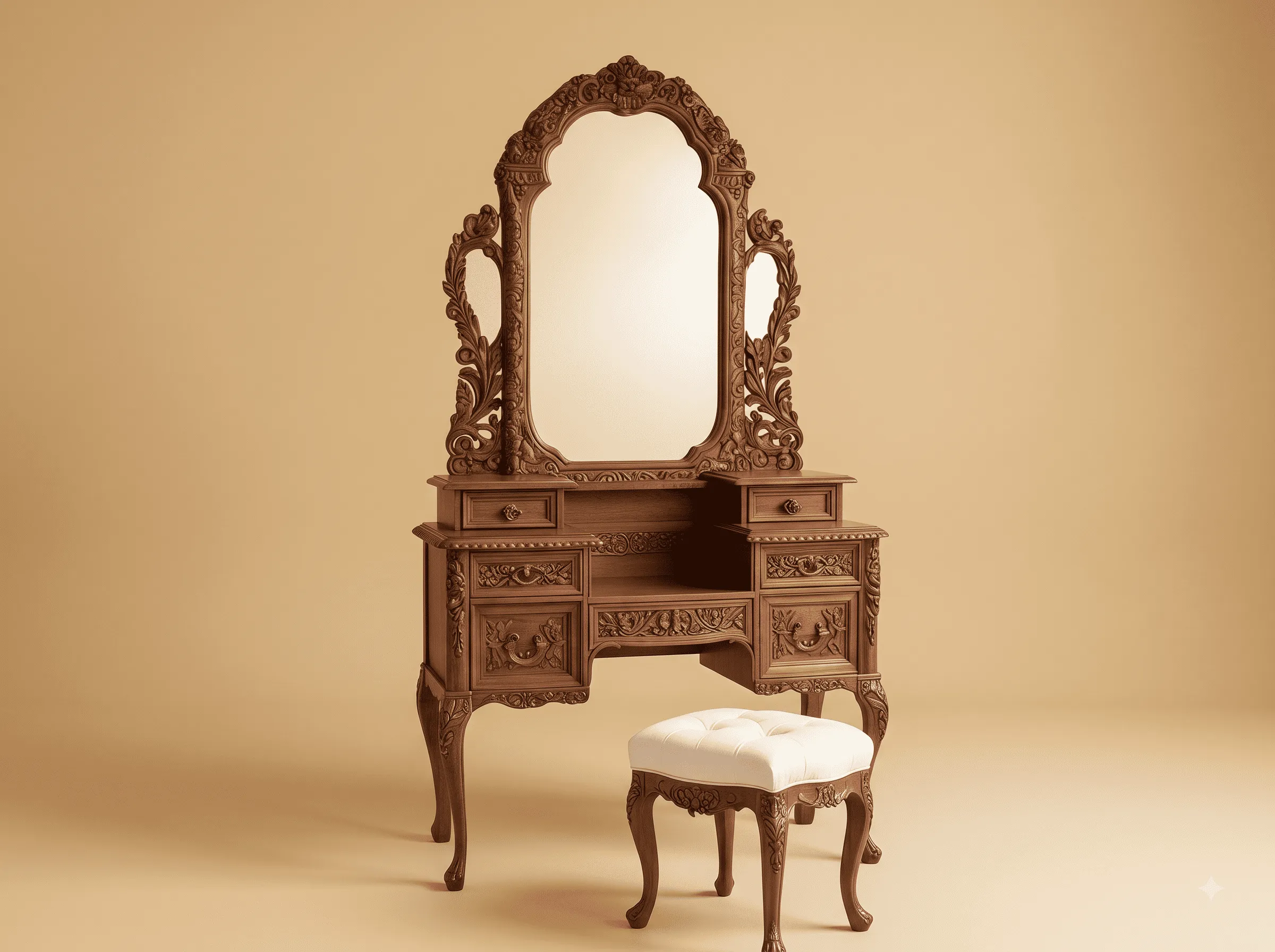 Wooden Dressing Table in Carved Teak - Natural Finish with Stool