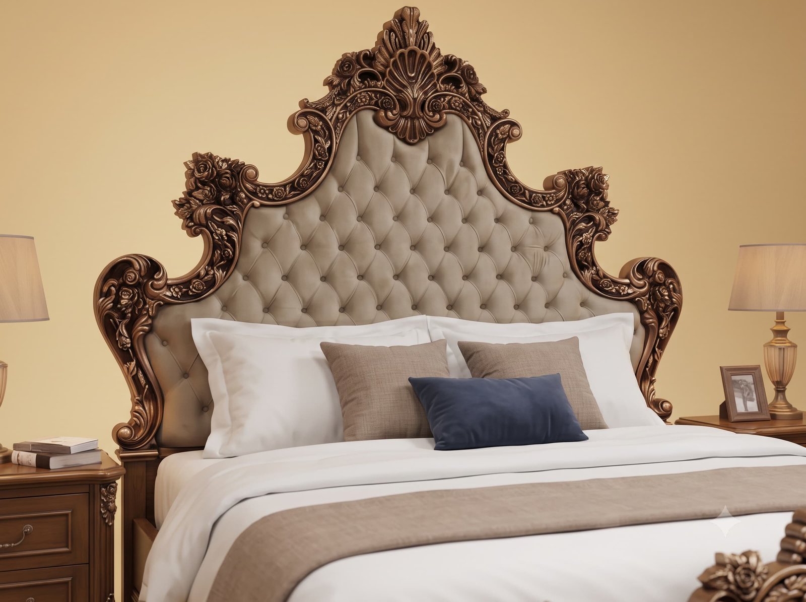 Tufted Bed in Carved Teak - Beige Upholstery with Copper Carving - Image 2