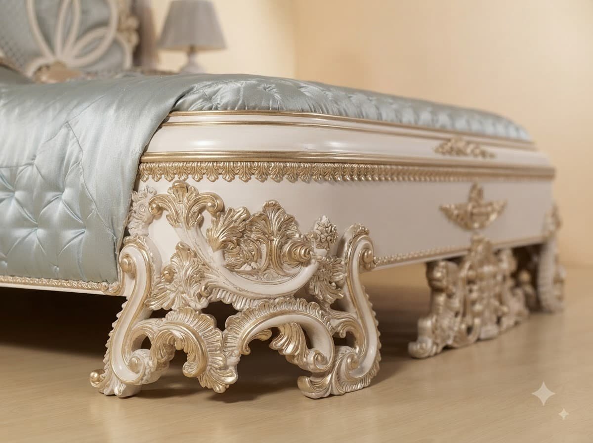 Canopy Bed with Curtains in Carved Teak - Ivory and Gold Corona - Image 2
