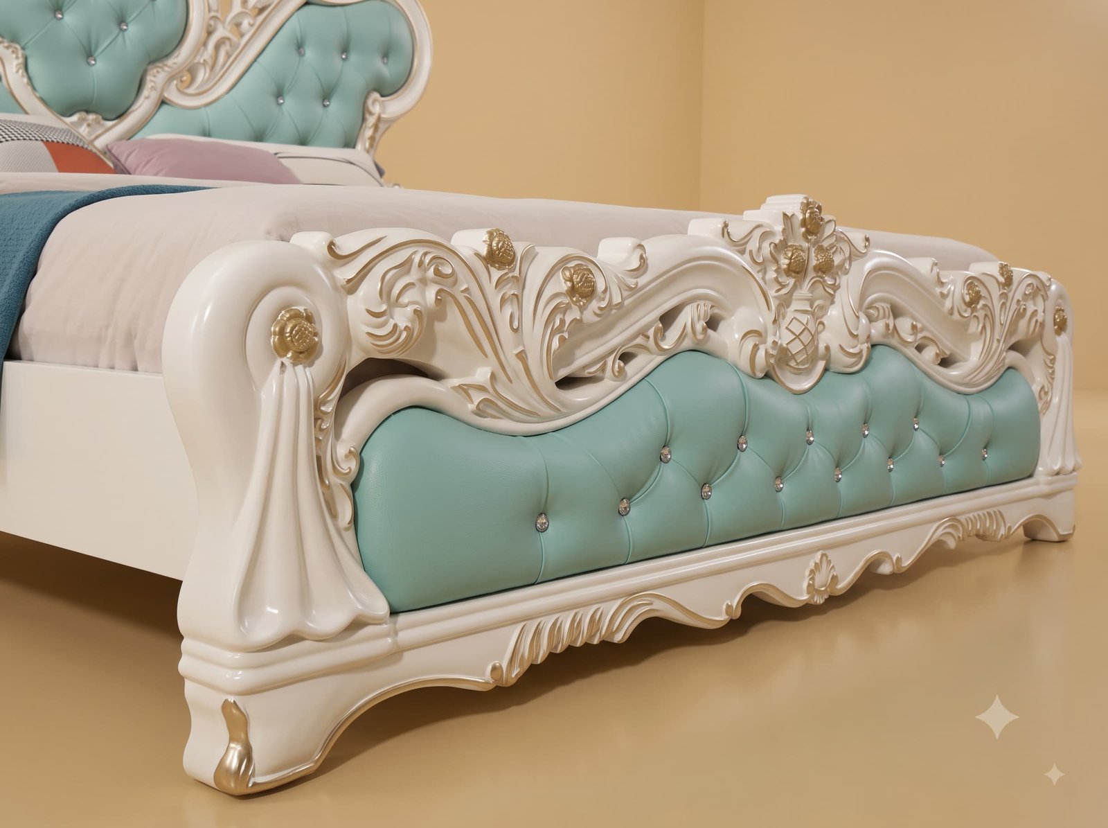 Mint Green Bed in Carved Teak - White Frame with Heart Headboard - Image 3