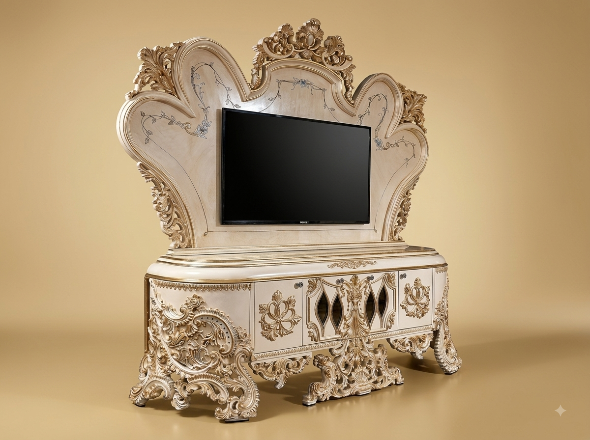 Handcrafted Teak Wood TV Unit with Shaped Panel | Ivory and Silver Leaf Design