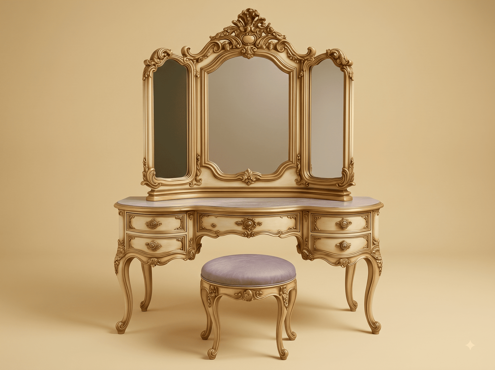 Dressing Table with Folding Mirror in Carved Teak - Cream with Stone Top