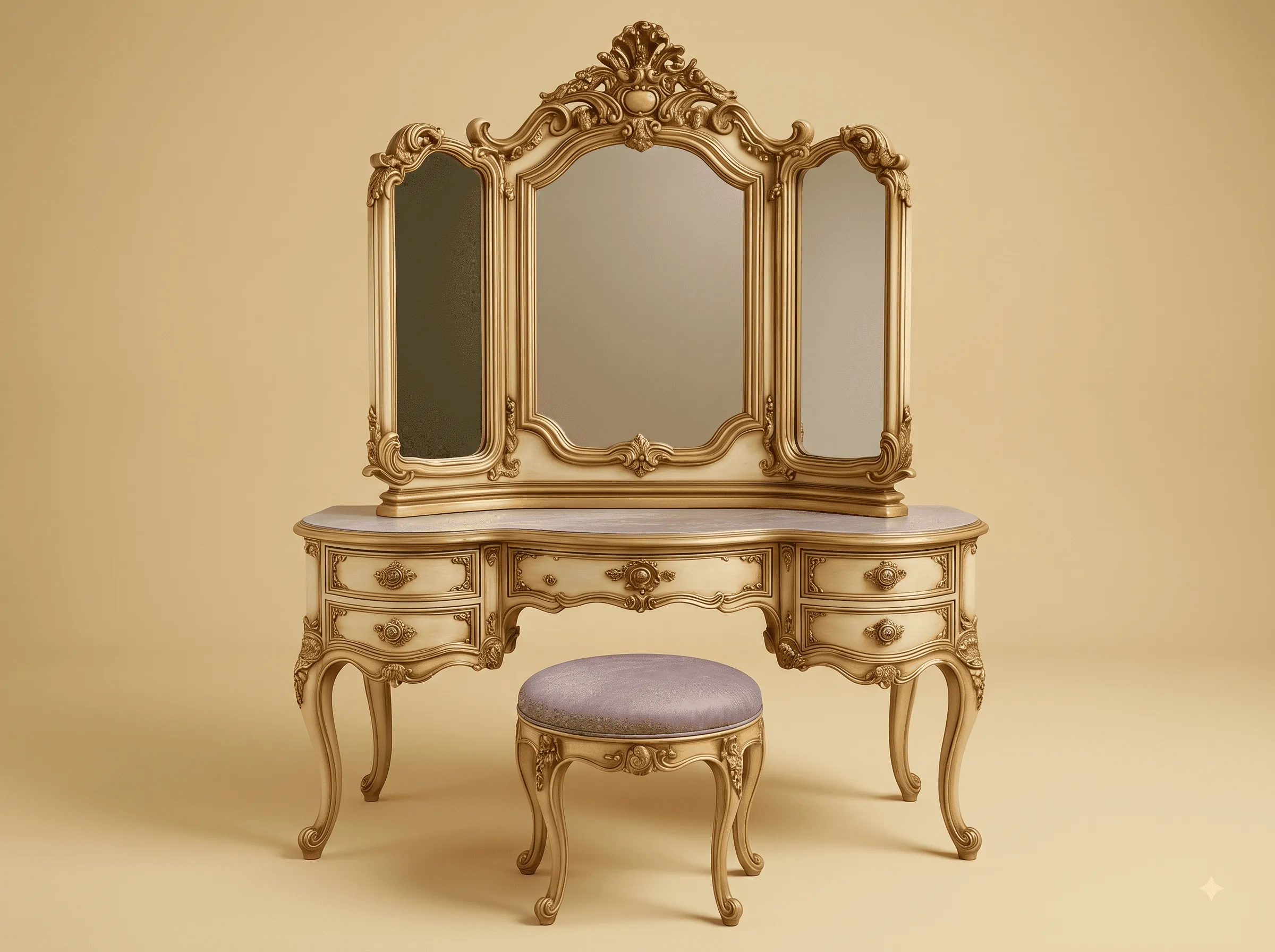 Dressing Table with Folding Mirror in Carved Teak - Cream with Stone Top