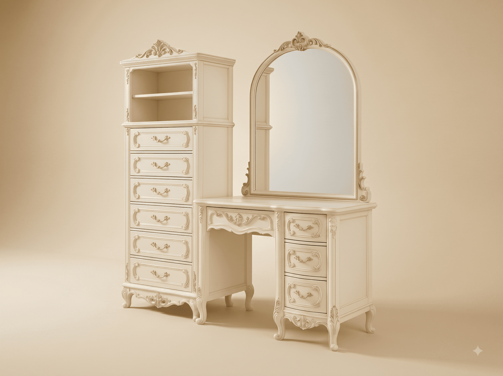 Dressing Table with Chest of Drawers in Carved Teak - Ivory Corner Unit