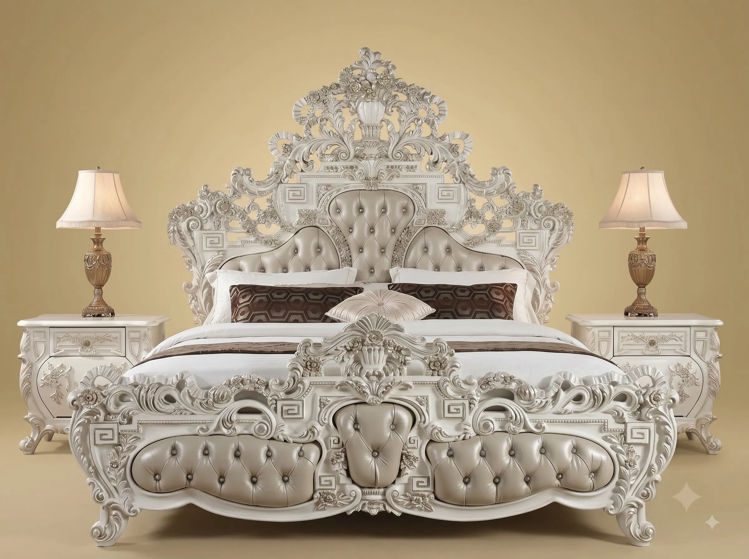 Royal Luxury Handcrafted Carved Teak Wood King Bed | White Tufted Footboard
