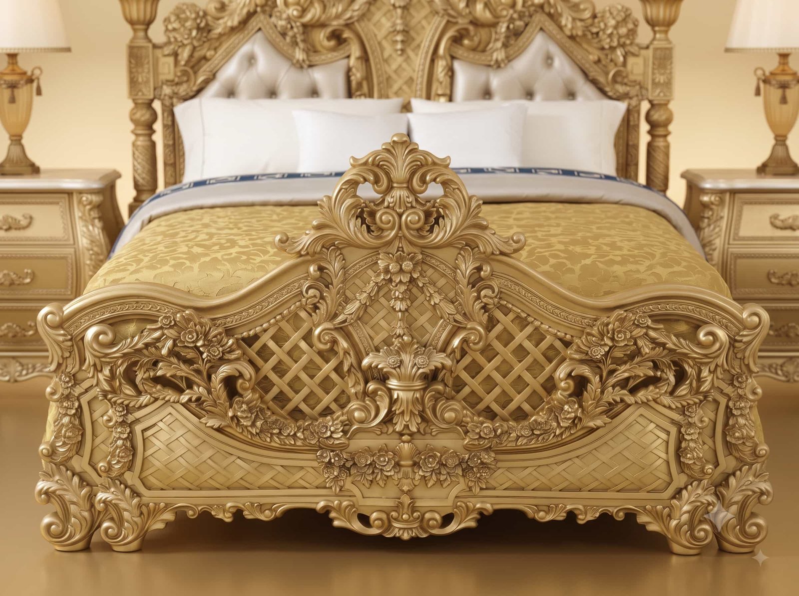 Luxury Gold Carved Teak Bed with Ornate Floral Headboard - Image 3