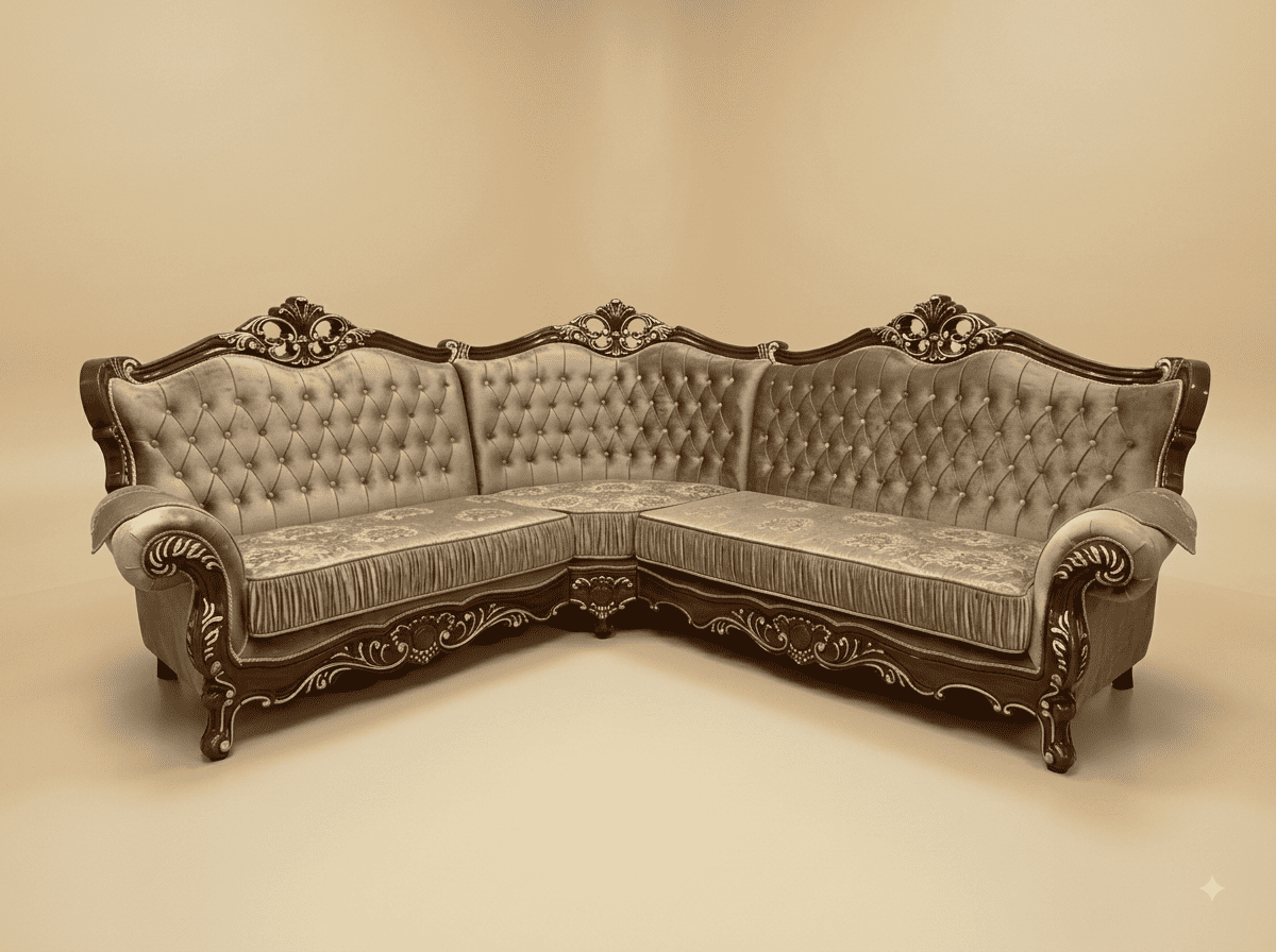 Sofa Set for Hall in Carved Teak - High Buttoned Back in Taupe - Image 1