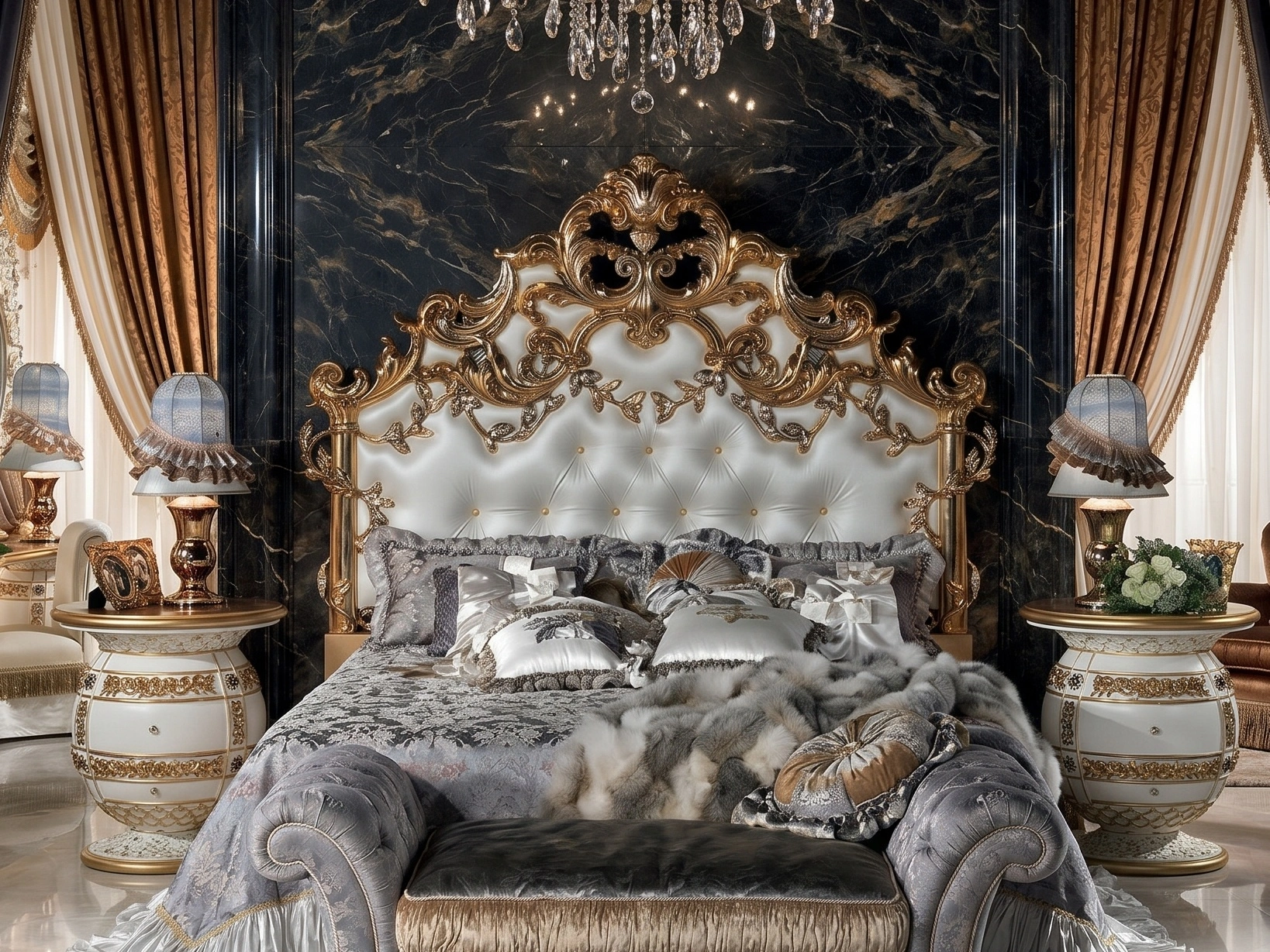 Ultra Luxury Imperial Baroque Bedroom Set with Grand Sculpted Headboard Ornamental Gold Leaf Carvings And Opulent Drapery Architecture