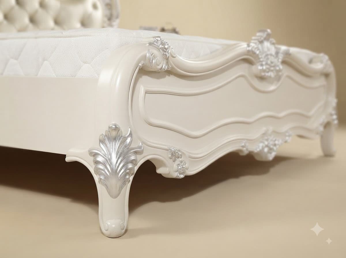 White and Silver King Size Bed - Carved Teak with Silver Leaf Detail - Image 2