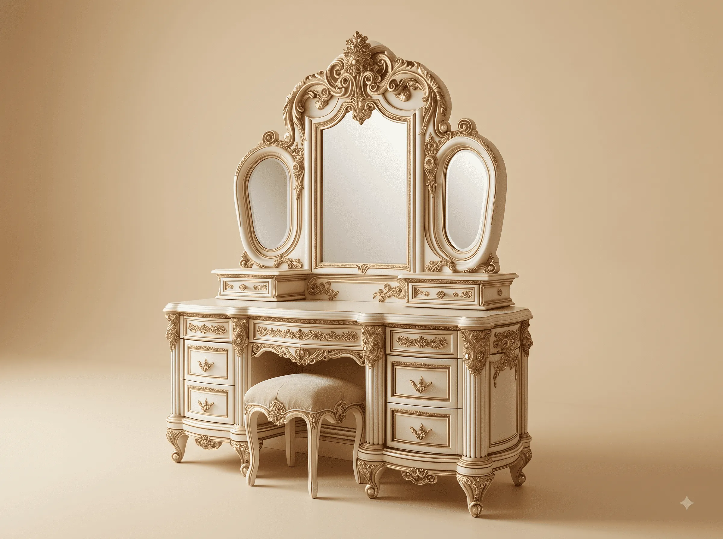 Dressing Table with Drawers in Carved Teak - Ivory Triple Mirror Vanity