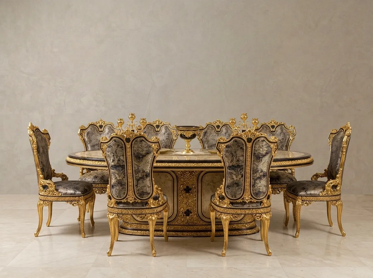 Silver Grey and Gold Royal Dining Table Set – Hand-Carved Teak Wood, 6-Seater