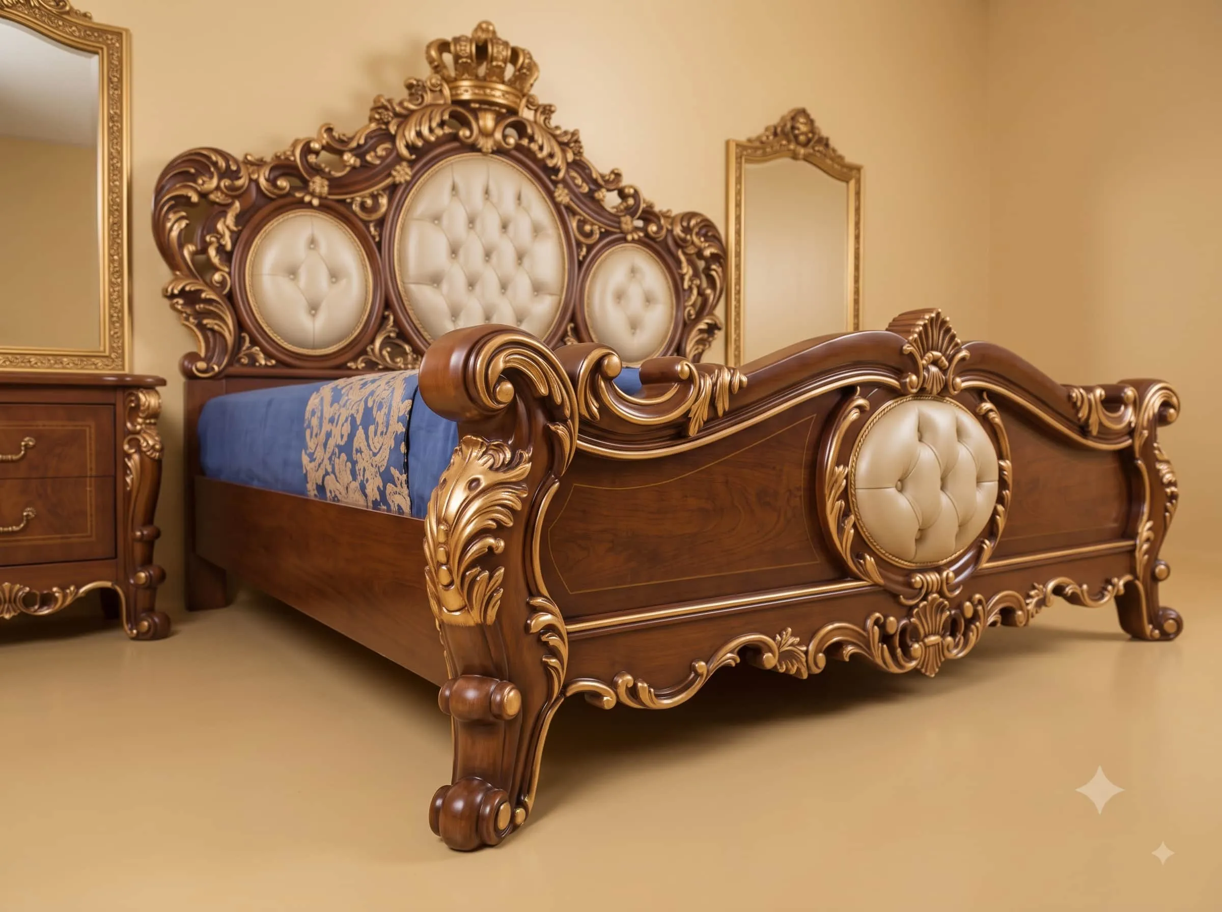 Royal Bed Design in Carved Teak - Gilded Crown and Tufted Ovals