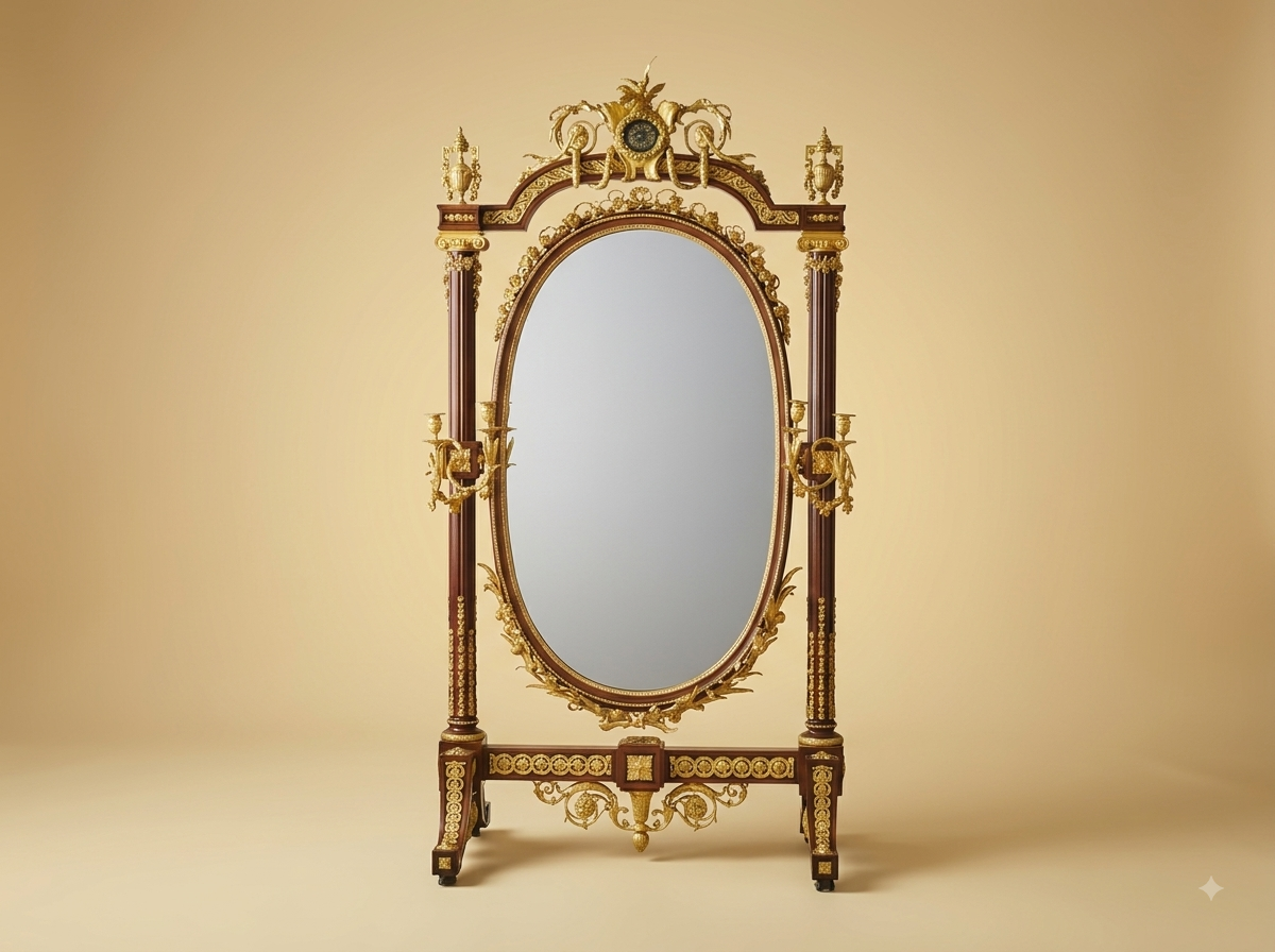 Hand-Carved Teak Wood Cheval Floor Mirror | Oval Glass with Gilt Candle Arms