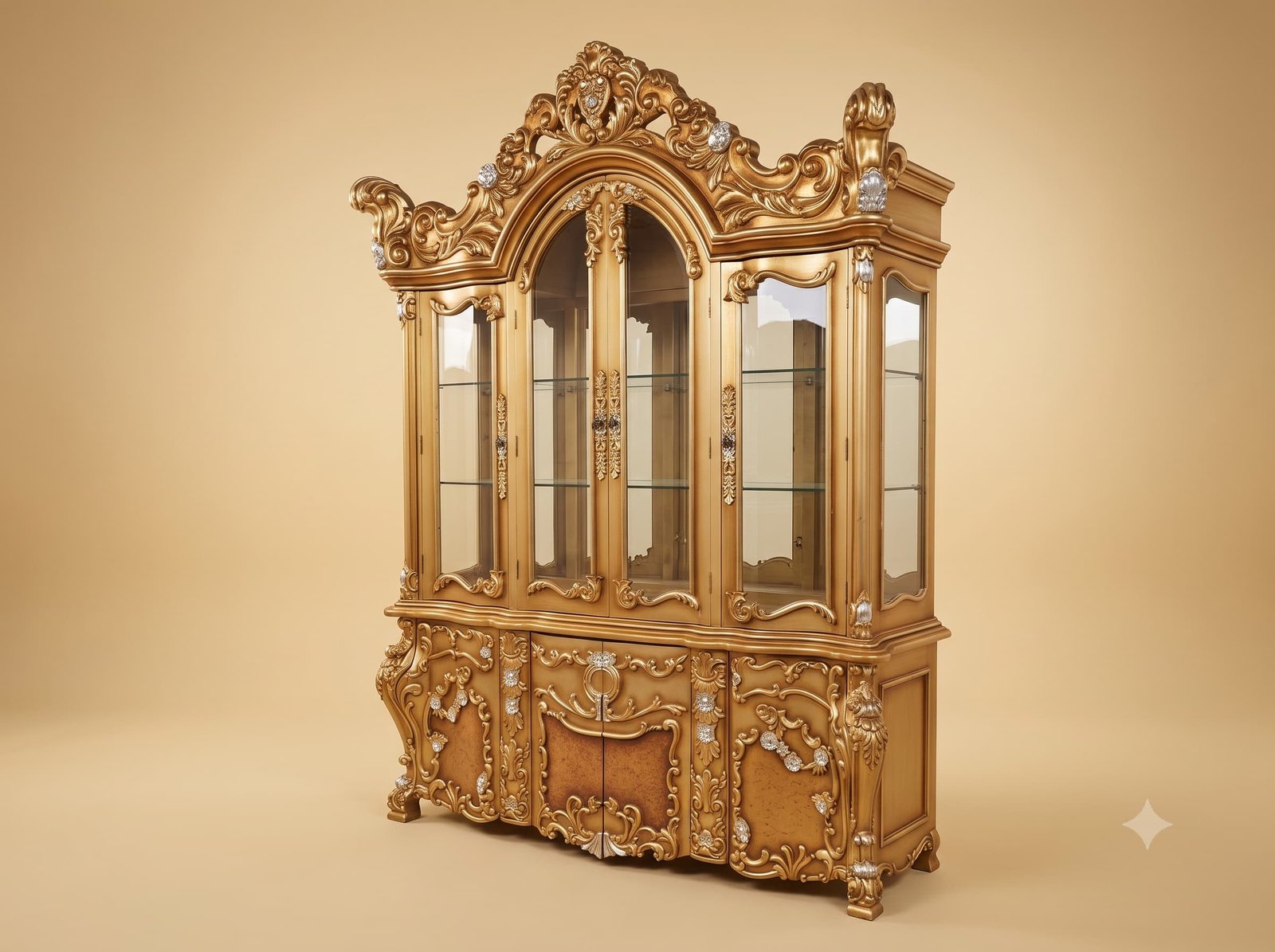 Gold Showcase in Carved Teak with Arched Glazed Centre