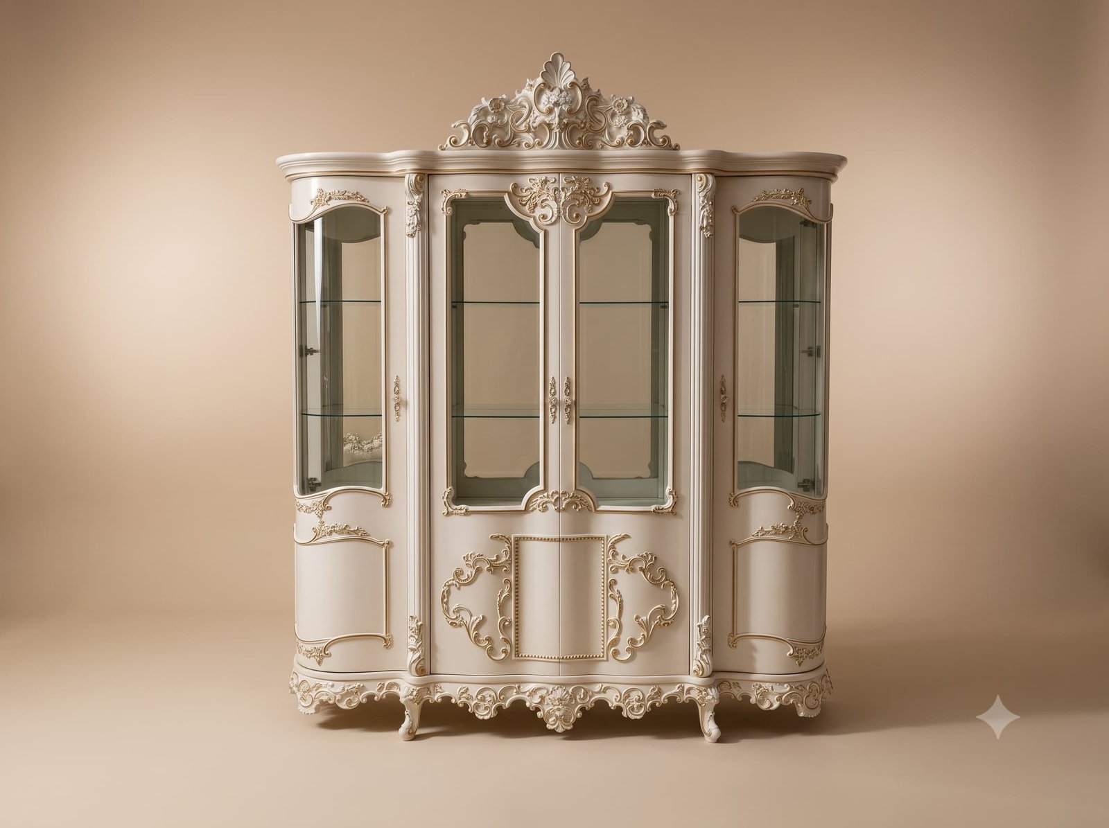 White Showcase in Carved Teak with Curved Glazed Bays
