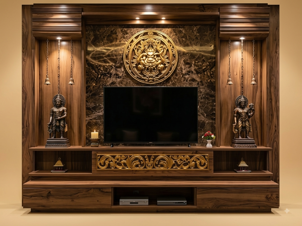 Handcrafted Teak Wood TV Unit with Mandir | Royal Luxury Carved Hall Design