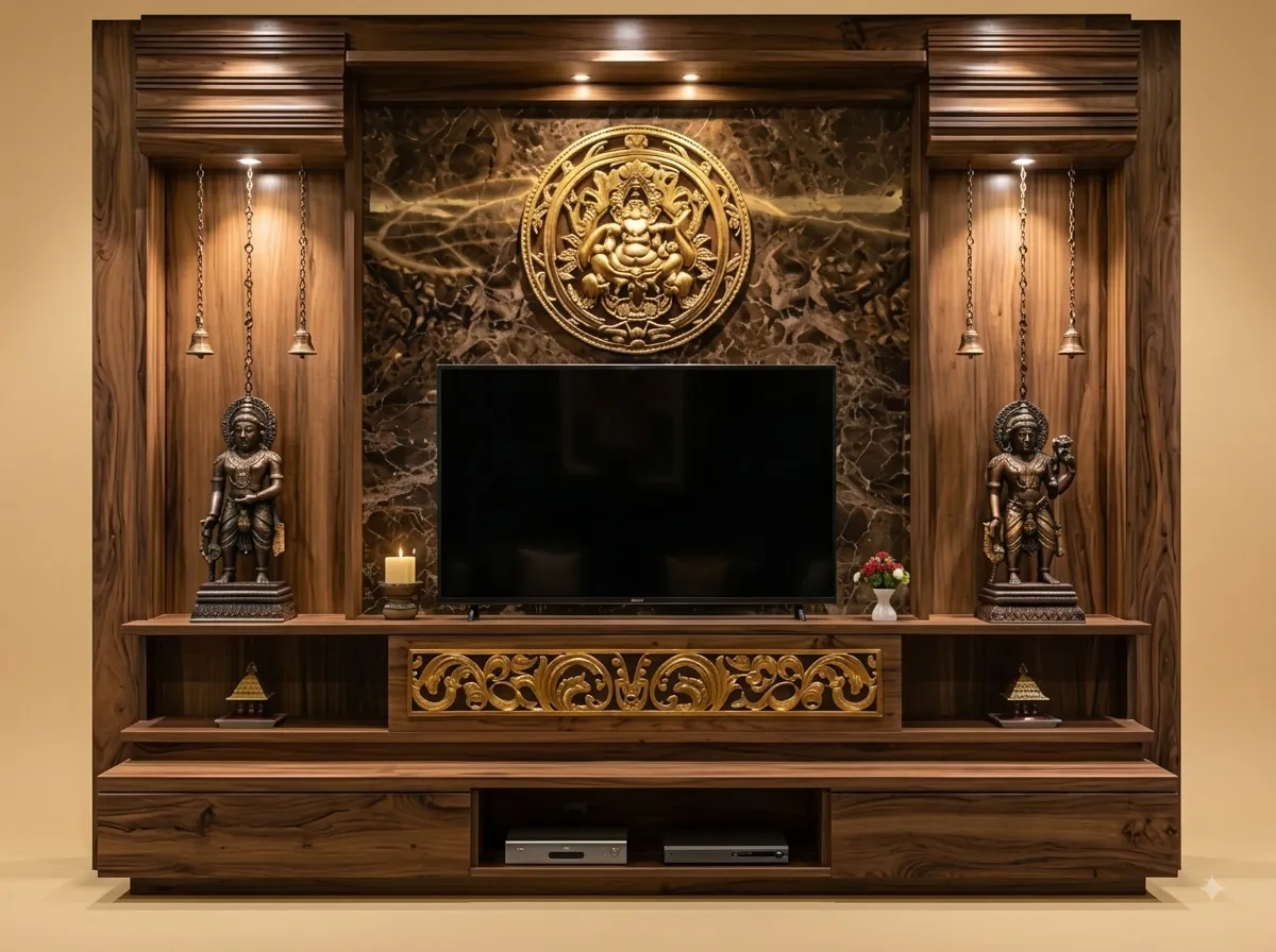 Handcrafted Teak Wood TV Unit with Mandir | Royal Luxury Carved Hall Design