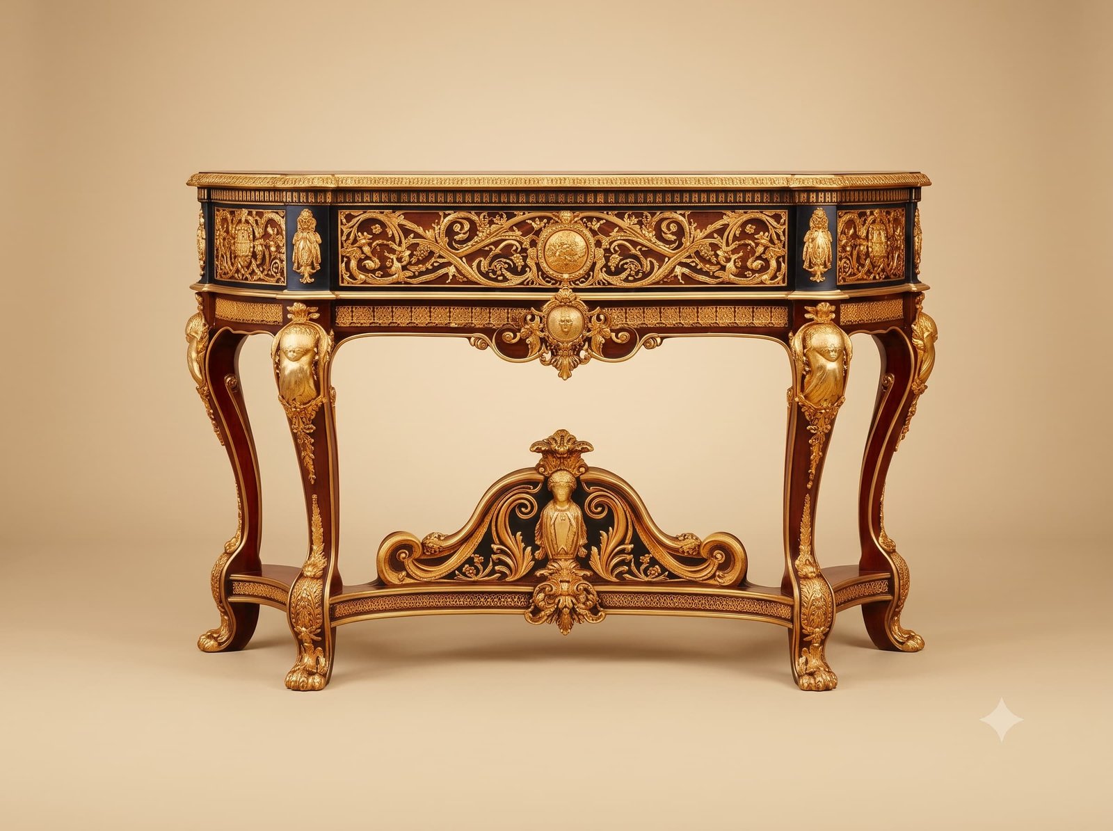 Royal Console Table in Carved Teak with Gilded Frieze and Mounts