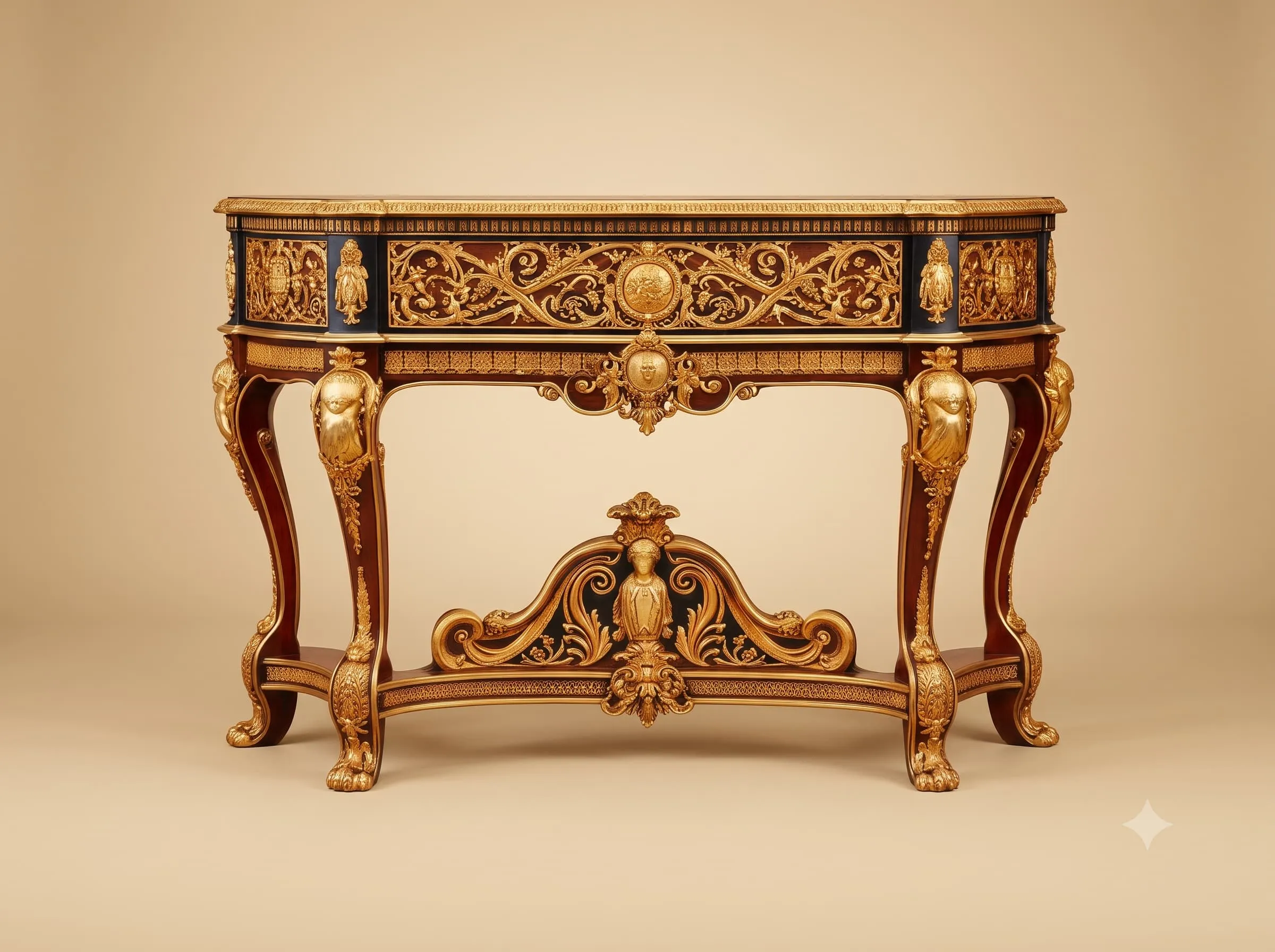Royal Console Table in Carved Teak with Gilded Frieze and Mounts