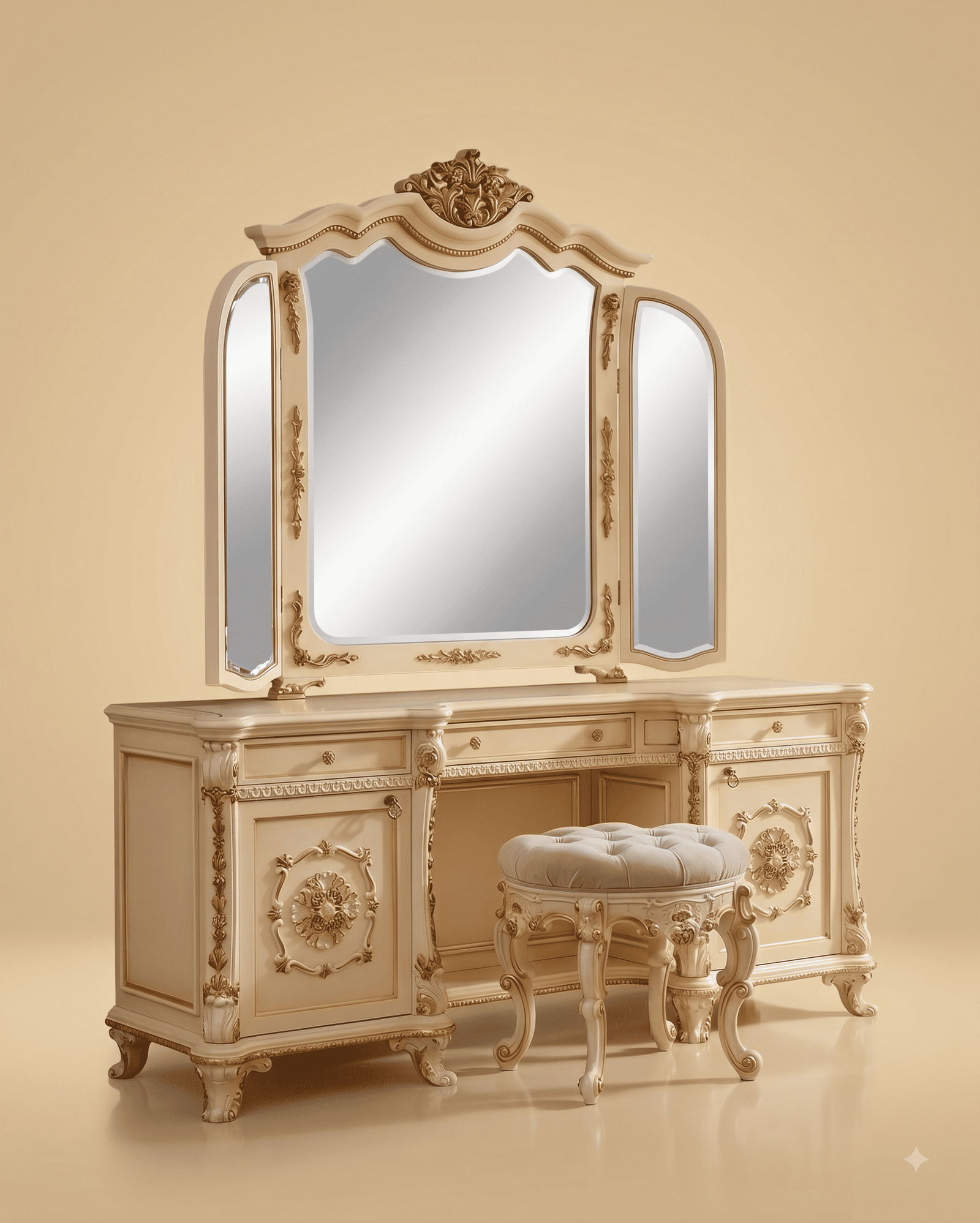 Dressing Table with Mirror in Carved Teak - Ivory with Stool