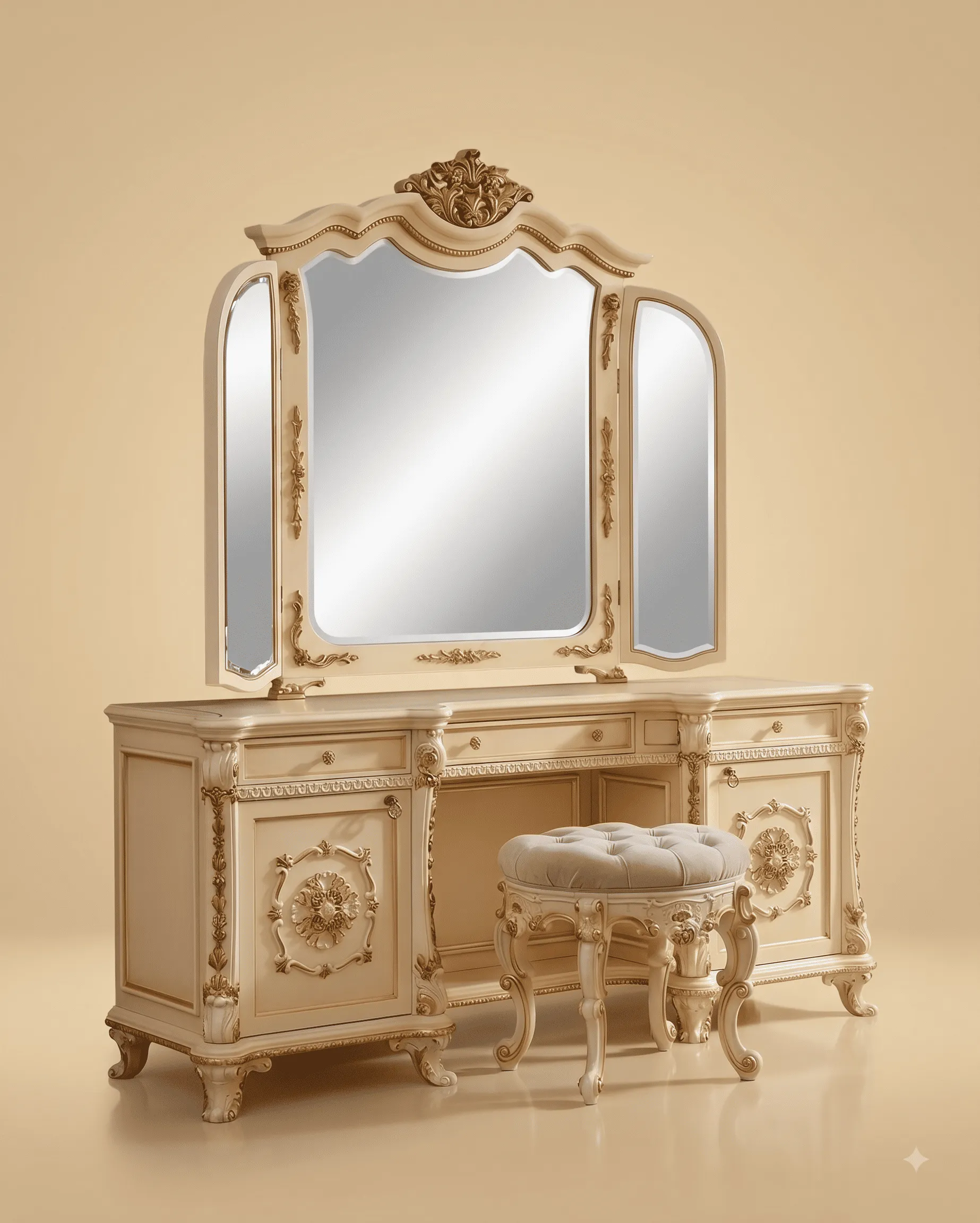 Dressing Table with Mirror in Carved Teak - Ivory with Stool