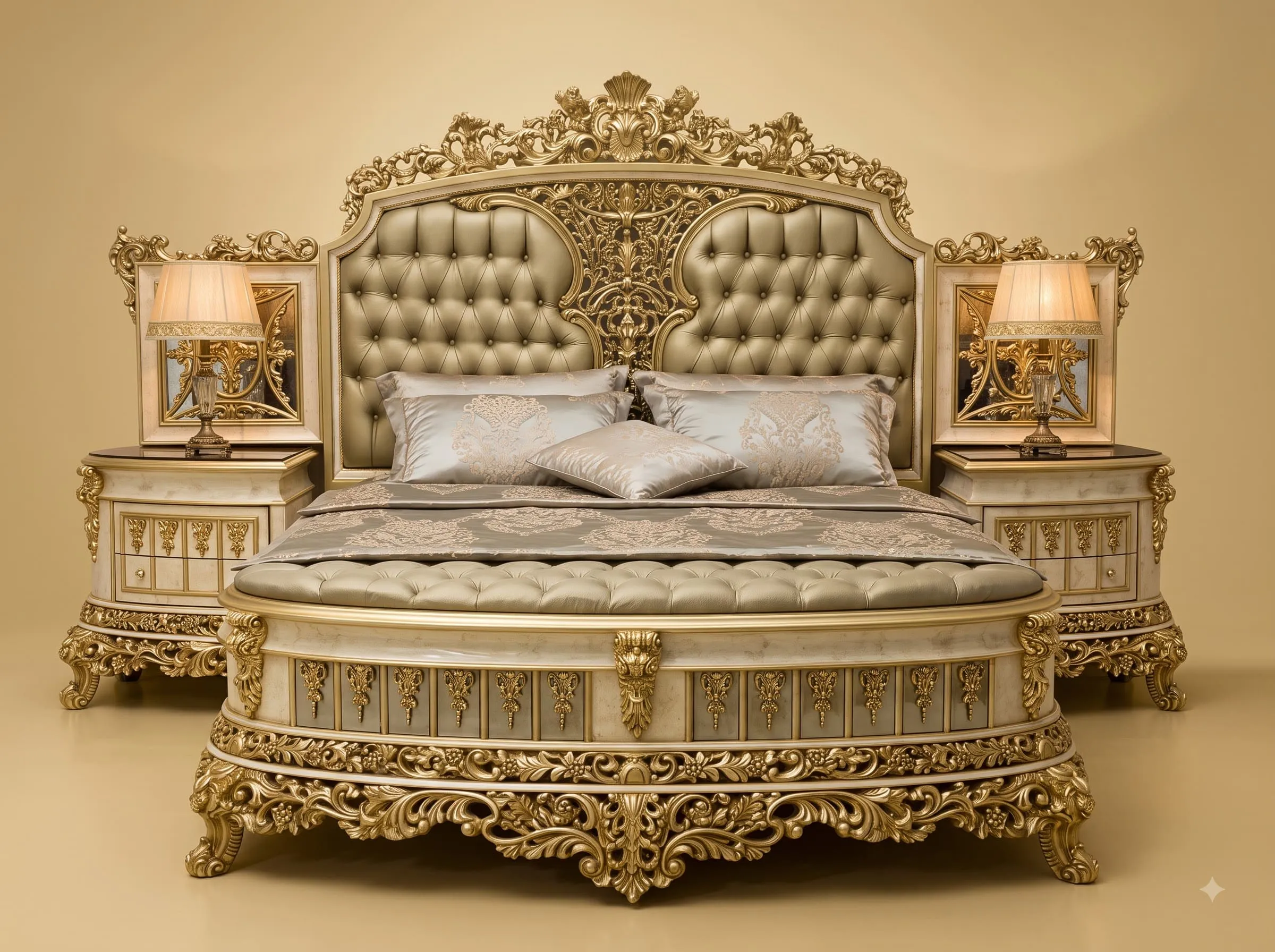 Royal Luxury Handcrafted Carved Teak King Size Bed | Gold Bow Foot Design