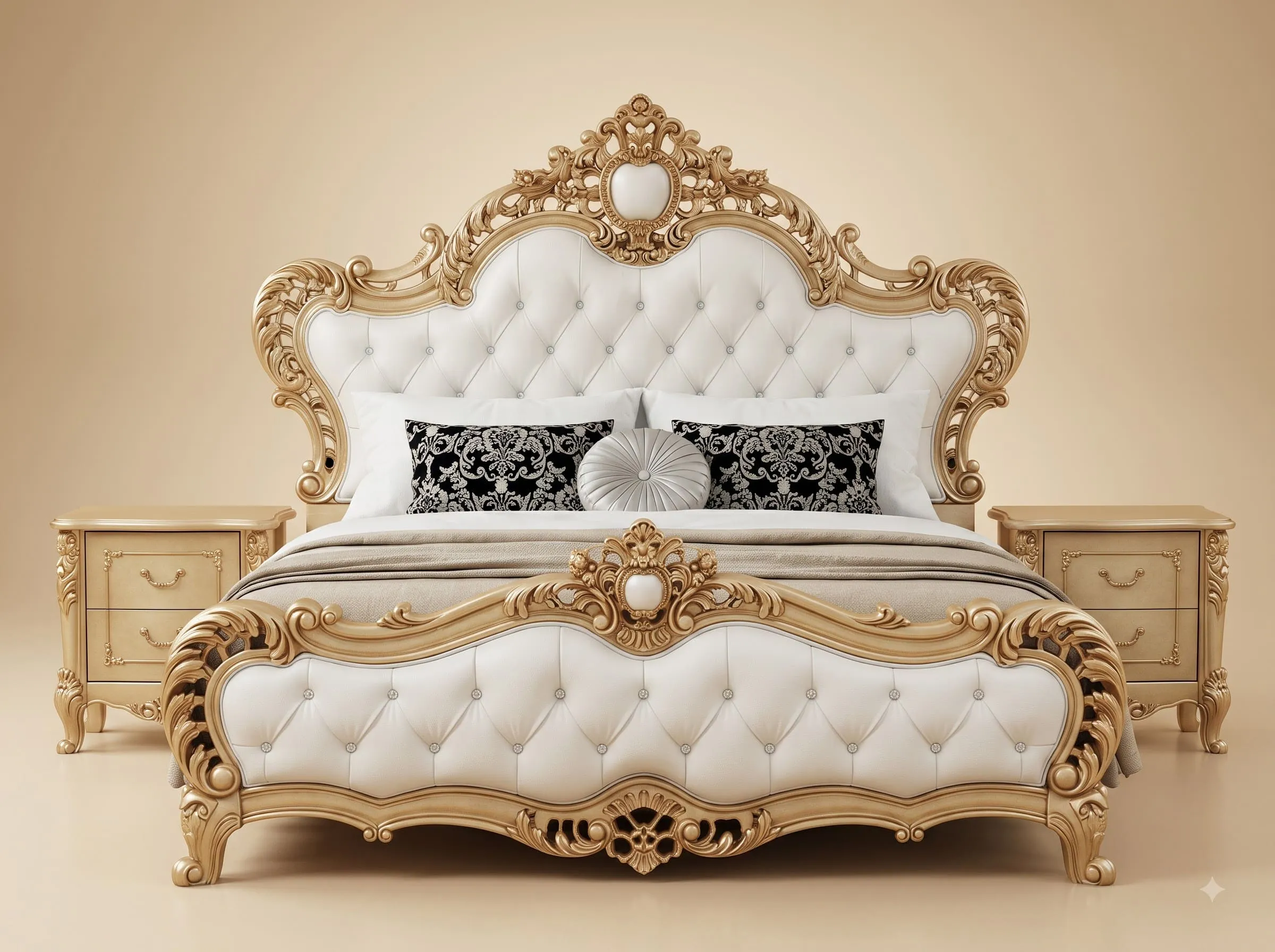 White Bed Design in Carved Teak - Buttoned Panels with Gold Frame