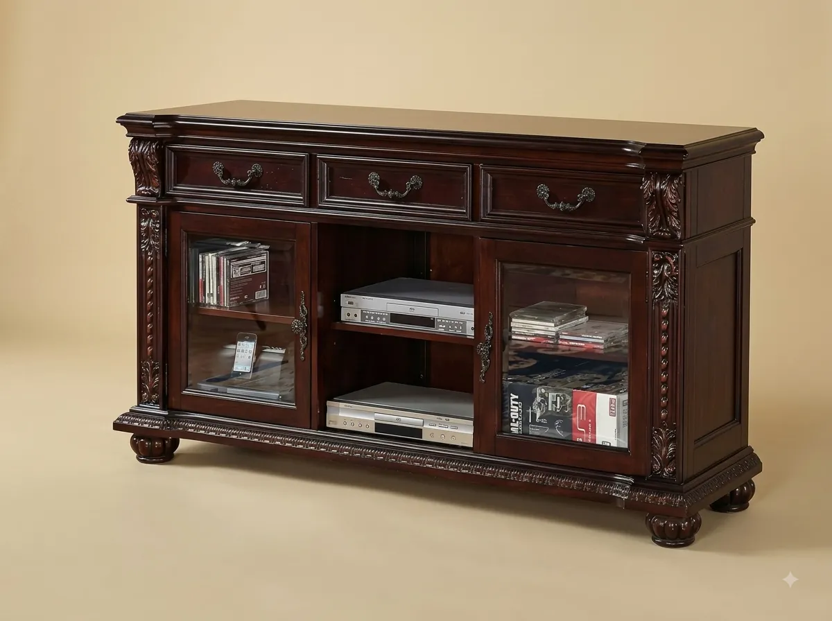 Handcrafted Teak Wood TV Unit with Storage | Dark Polish Glazed Cabinet Design