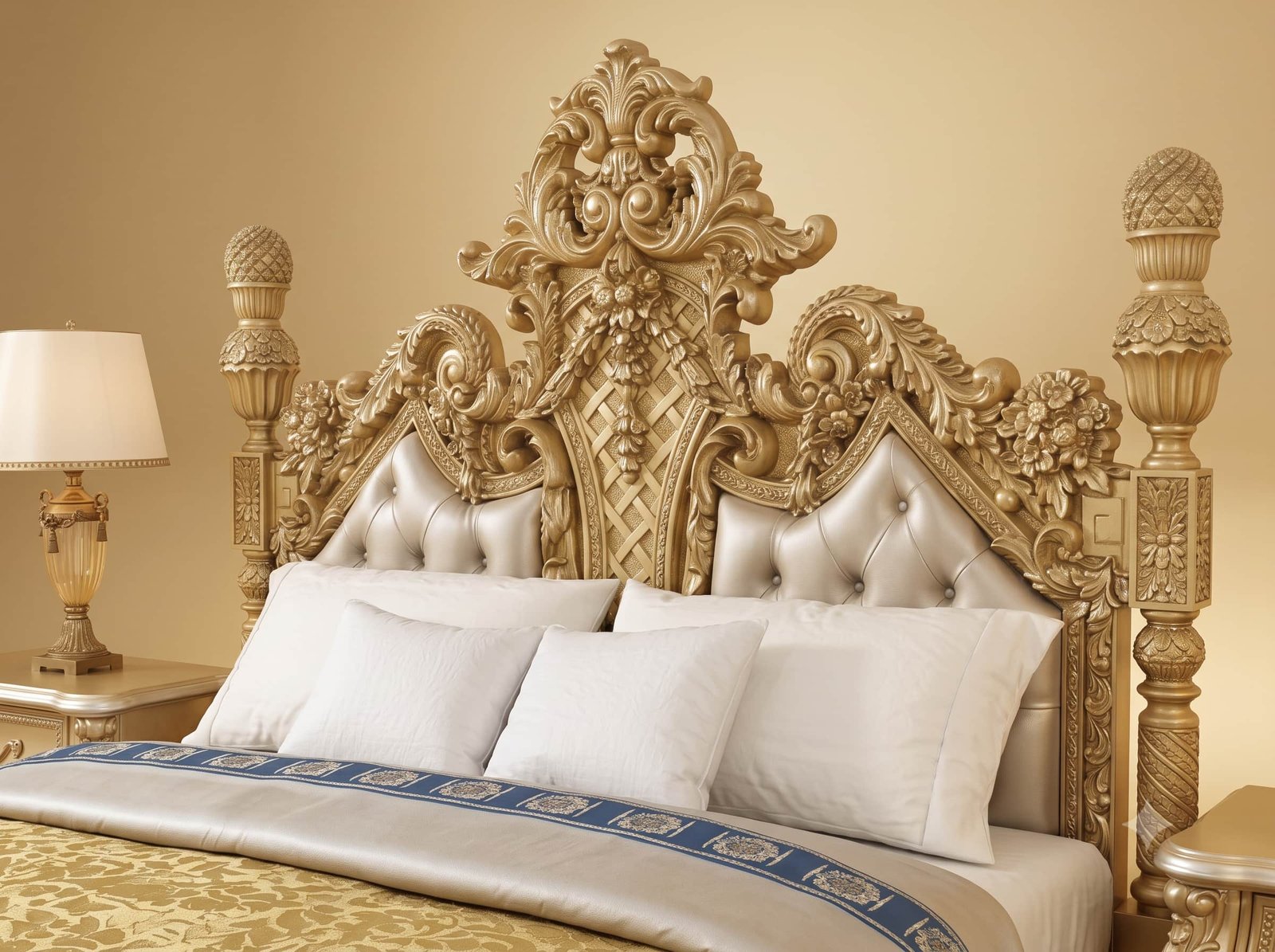 Wooden Cot Design in Carved Teak - Champagne with Carved Lattice Foot - Image 4