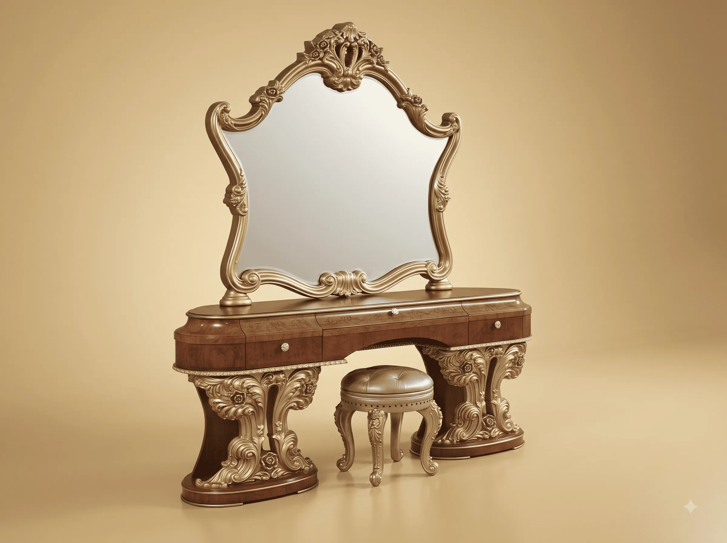 Dressing Table Design in Carved Teak - Walnut Top with Silver Carving
