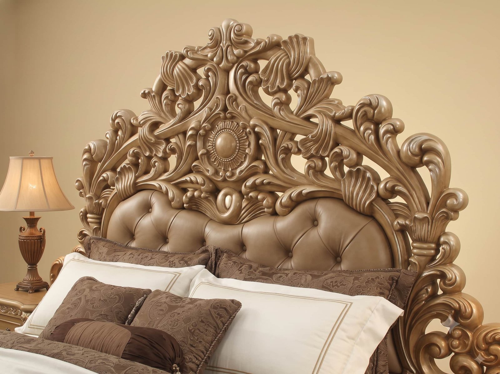 King Bed Design in Carved Teak - Taupe Leather and Pierced Crest - Image 4