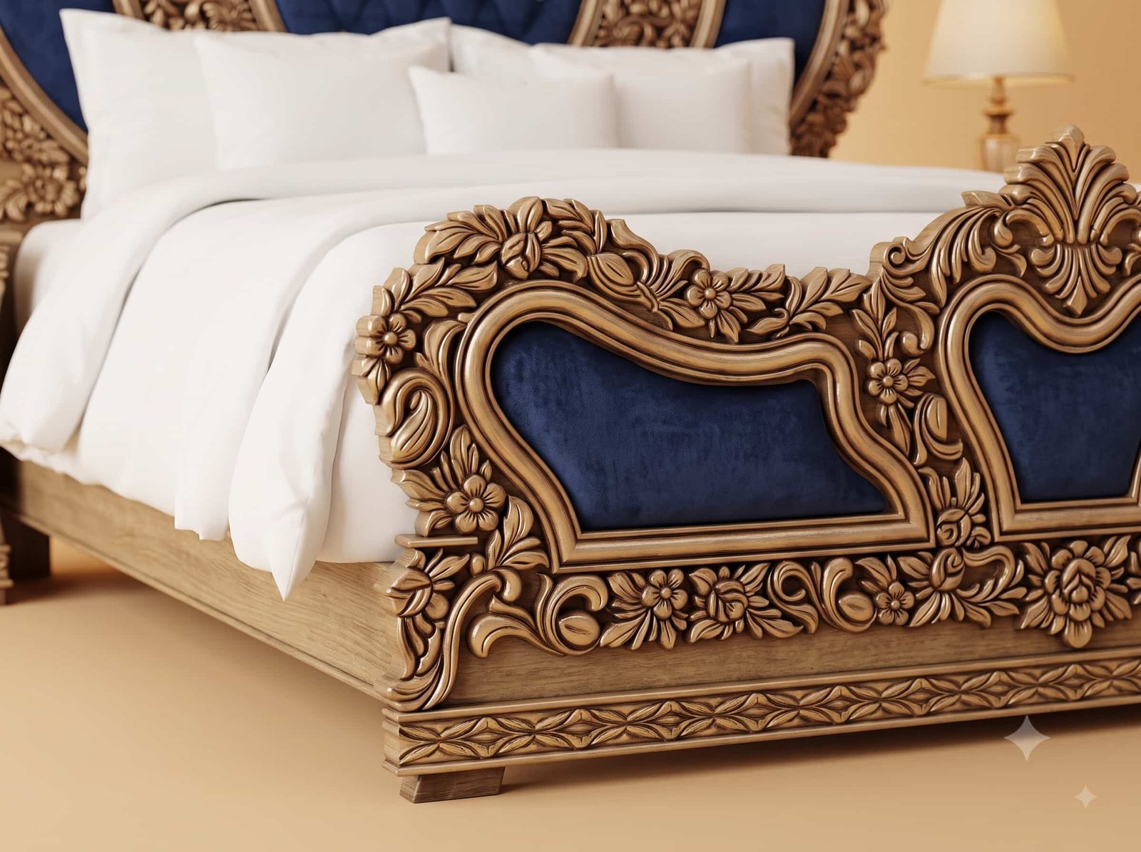 Royal Blue Bed in Carved Teak - Crystal Buttoned Velvet Panels - Image 2