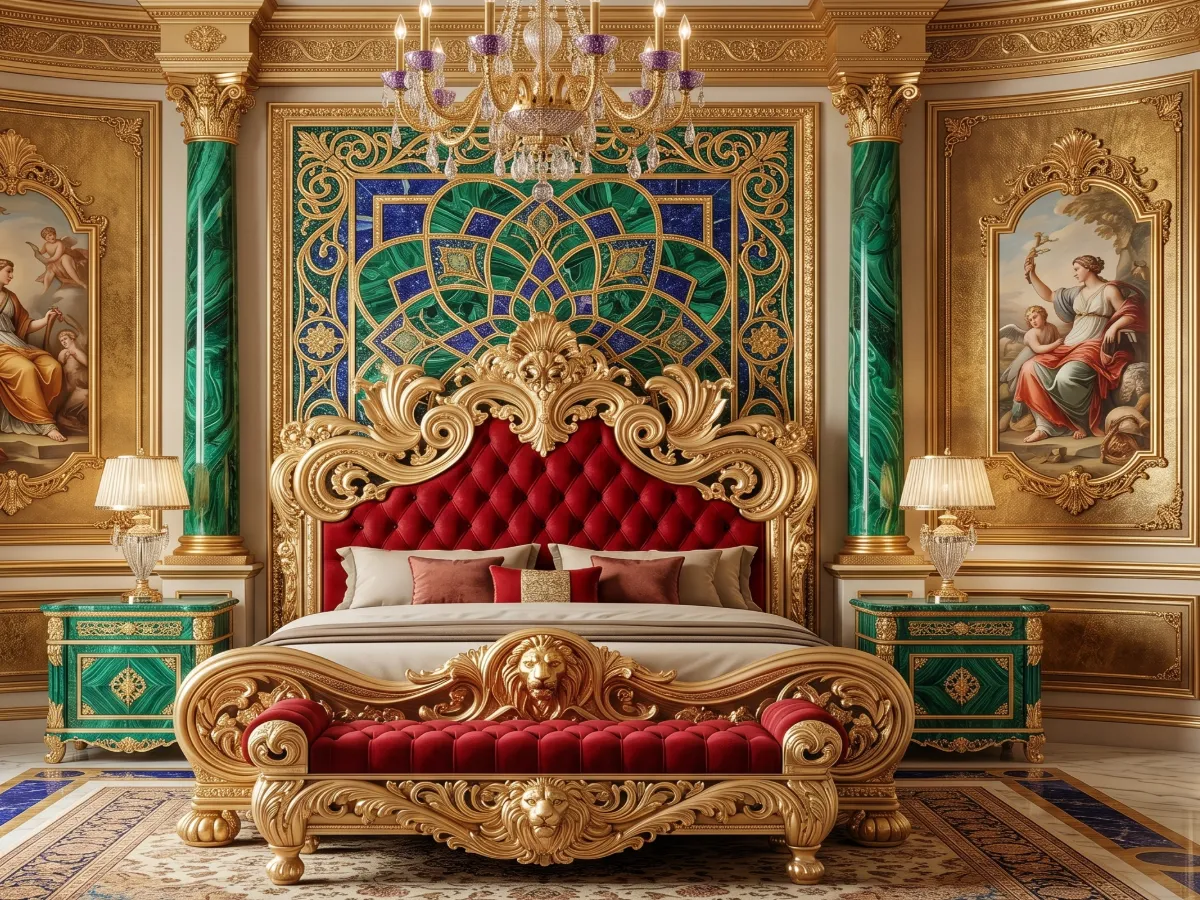 Emperor's Baroque Hand-Carved Bedroom Set Featuring Crimson Red Velvet Tufted Headboard, Gold Lion Head Motifs on Footboard & Crest, Malachite Green Inlaid Nightstands & Full Palace Luxury Furnishings