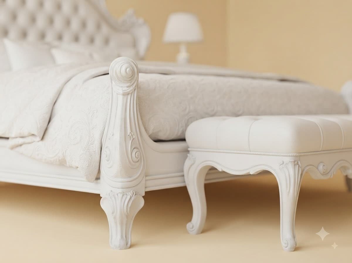 White King Size Bed with Bench and Side Tables - Carved Teak Set - Image 3