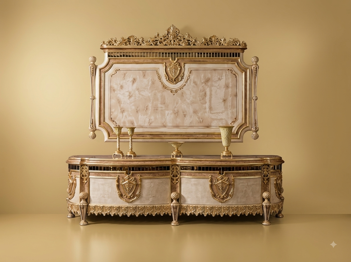 Handcrafted Teak Wood TV Unit with Panel | Ivory and Gold Neoclassical Design