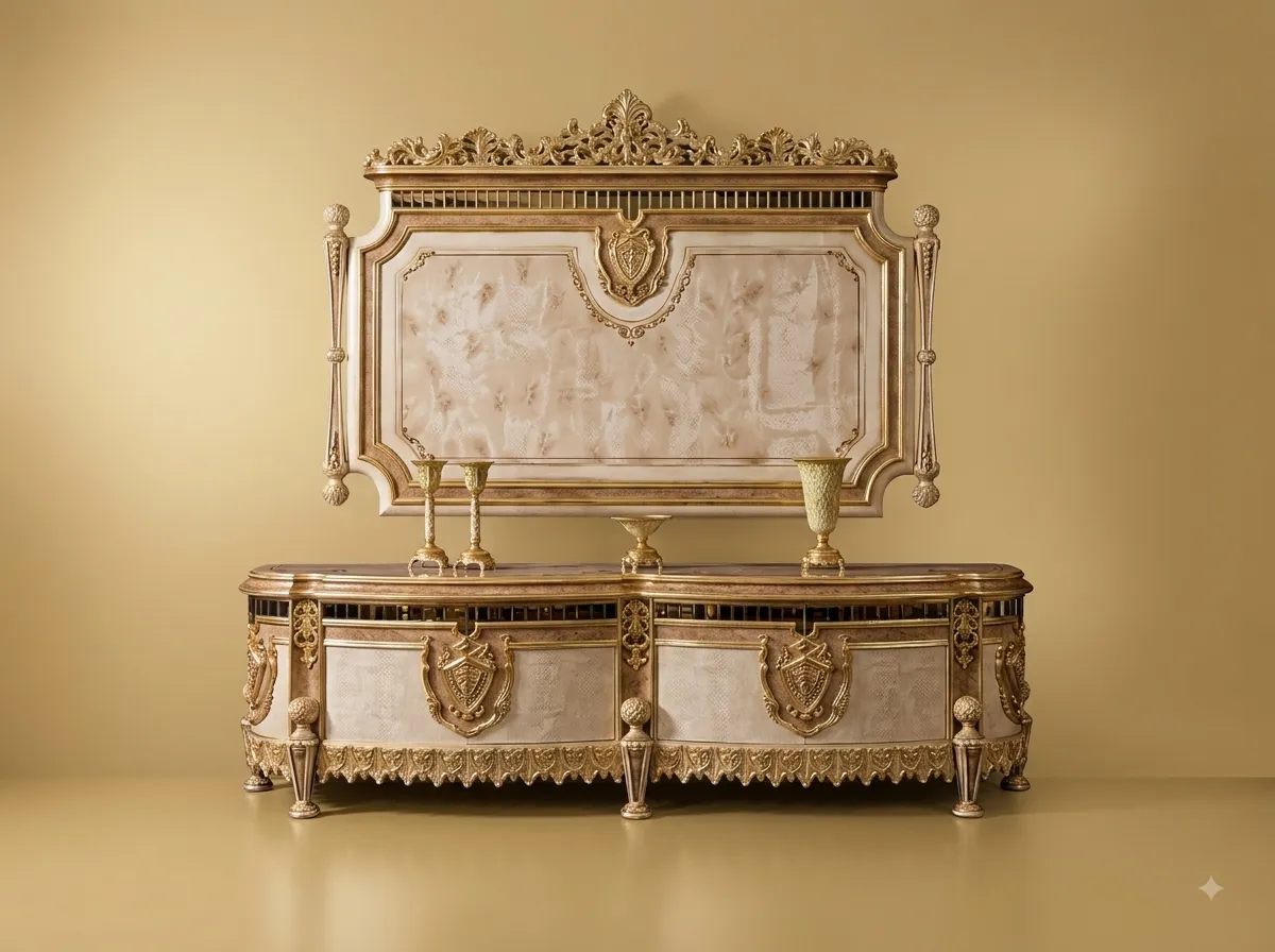 Handcrafted Teak Wood TV Unit with Panel | Ivory and Gold Neoclassical Design