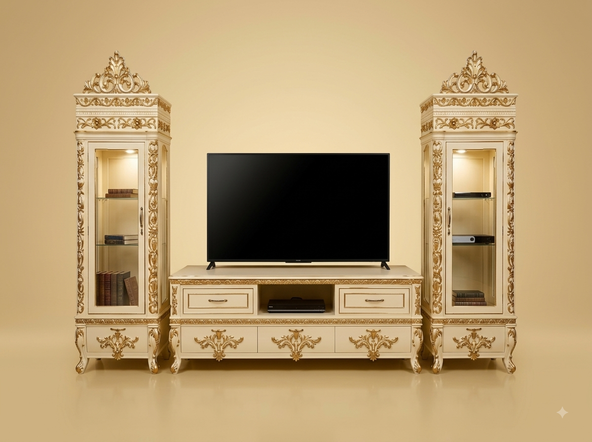 Handcrafted Teak Wood TV Unit Set with Display Cabinets | Ivory Gold Design