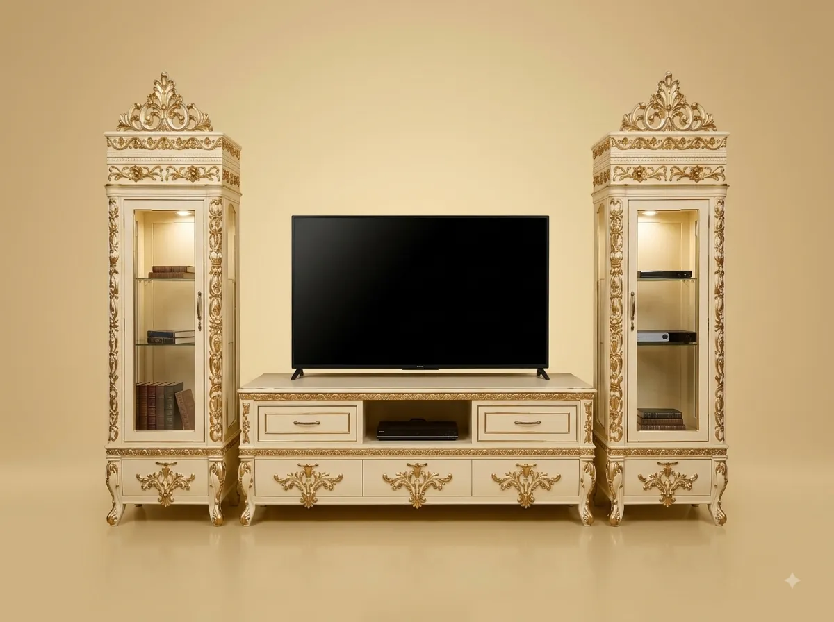 Handcrafted Teak Wood TV Unit Set with Display Cabinets | Ivory Gold Design