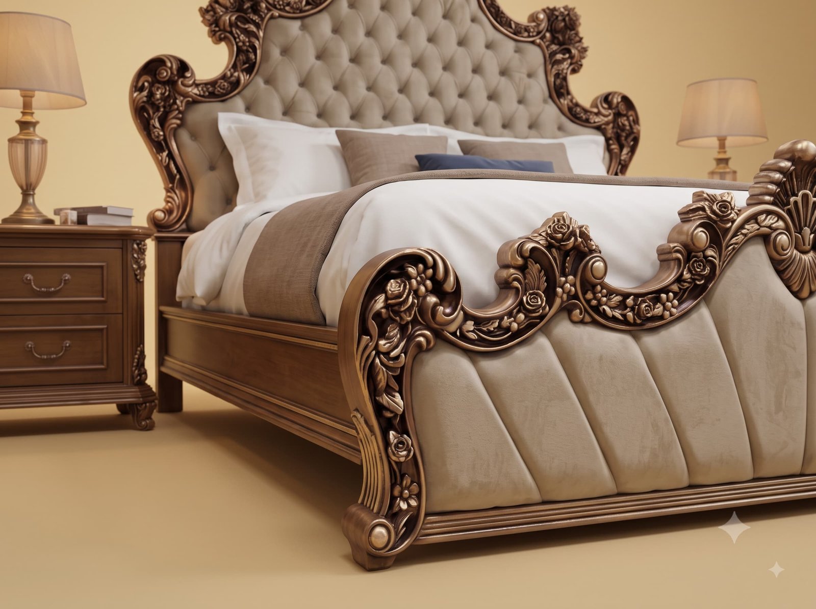 Tufted Bed in Carved Teak - Beige Upholstery with Copper Carving - Image 4