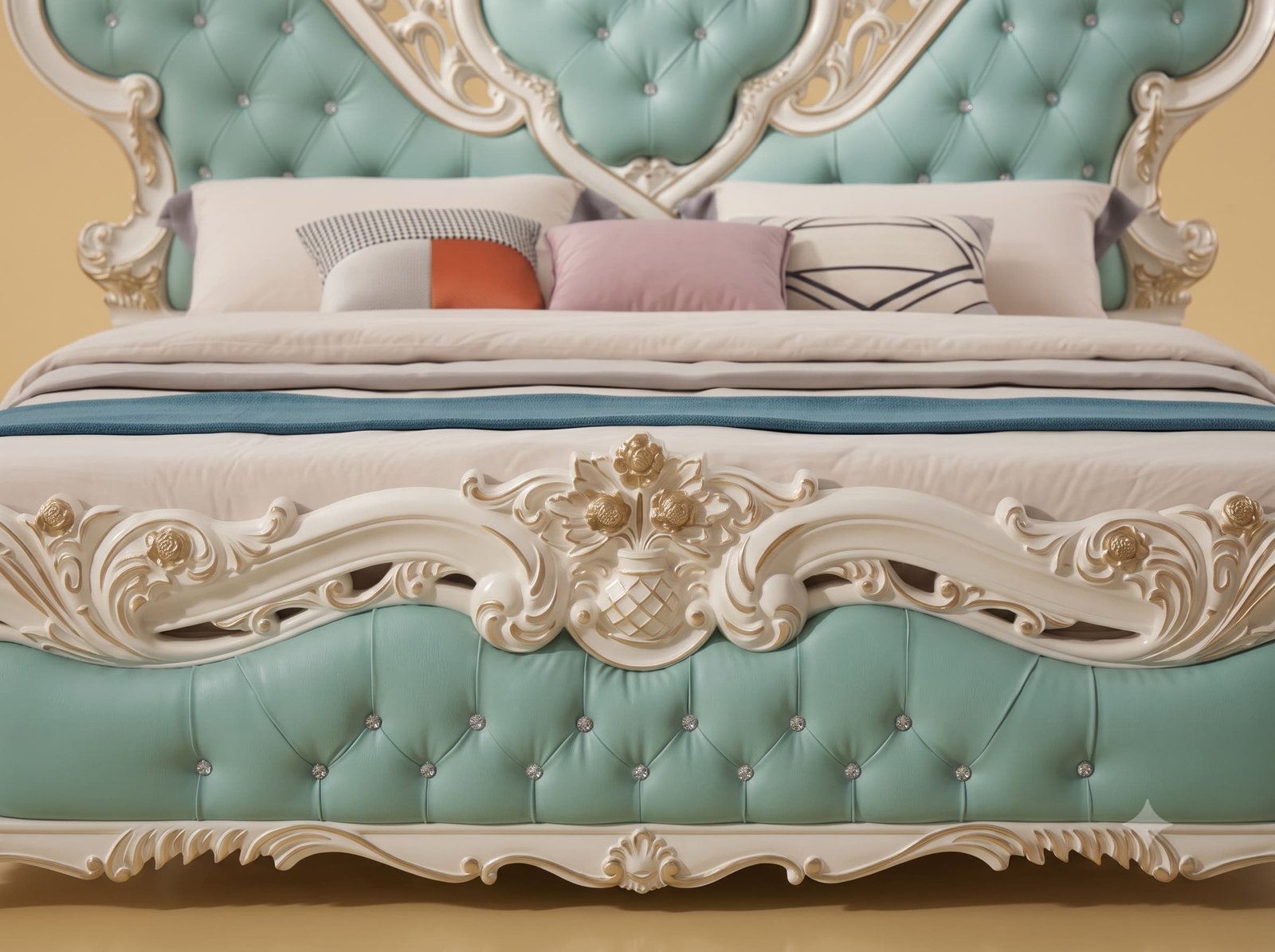 Mint Green Bed in Carved Teak - White Frame with Heart Headboard - Image 2