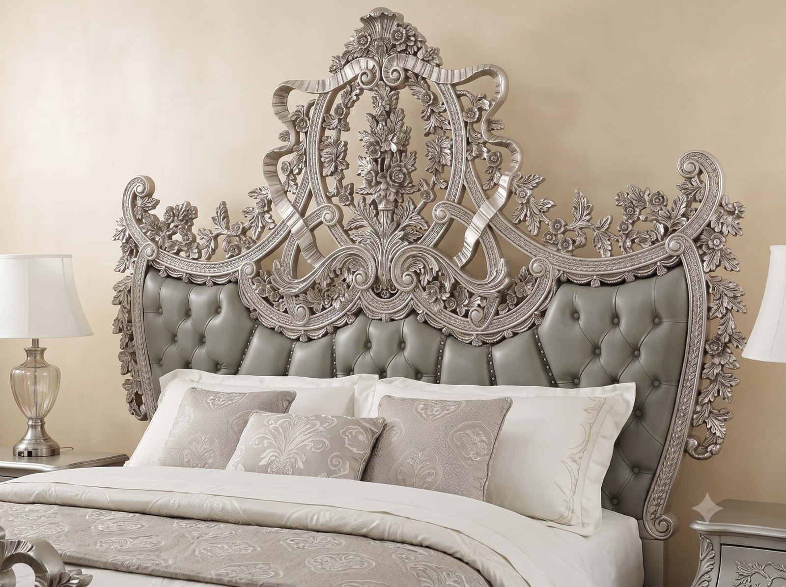 Silver Bed Design in Carved Teak - Grey Leather with Ribbon Carving - Image 3