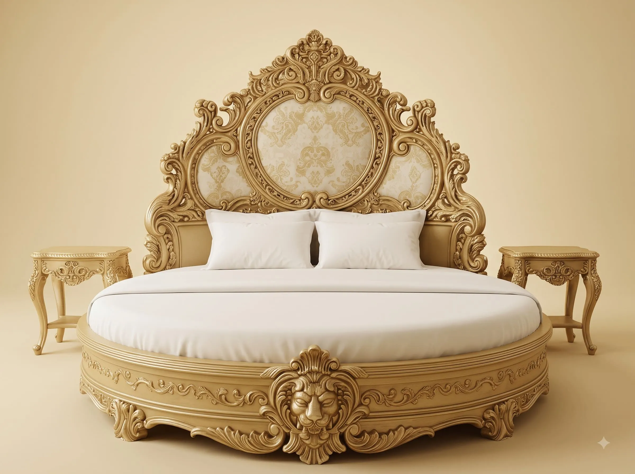Royal Luxury Handcrafted Carved Teak Round Bed | Gold Carved Lion Design