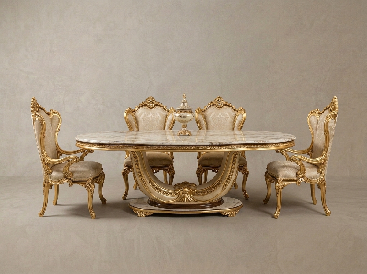 Ivory and Gold Royal Dining Table Set – Hand-Carved Teak Wood, 6-Seater