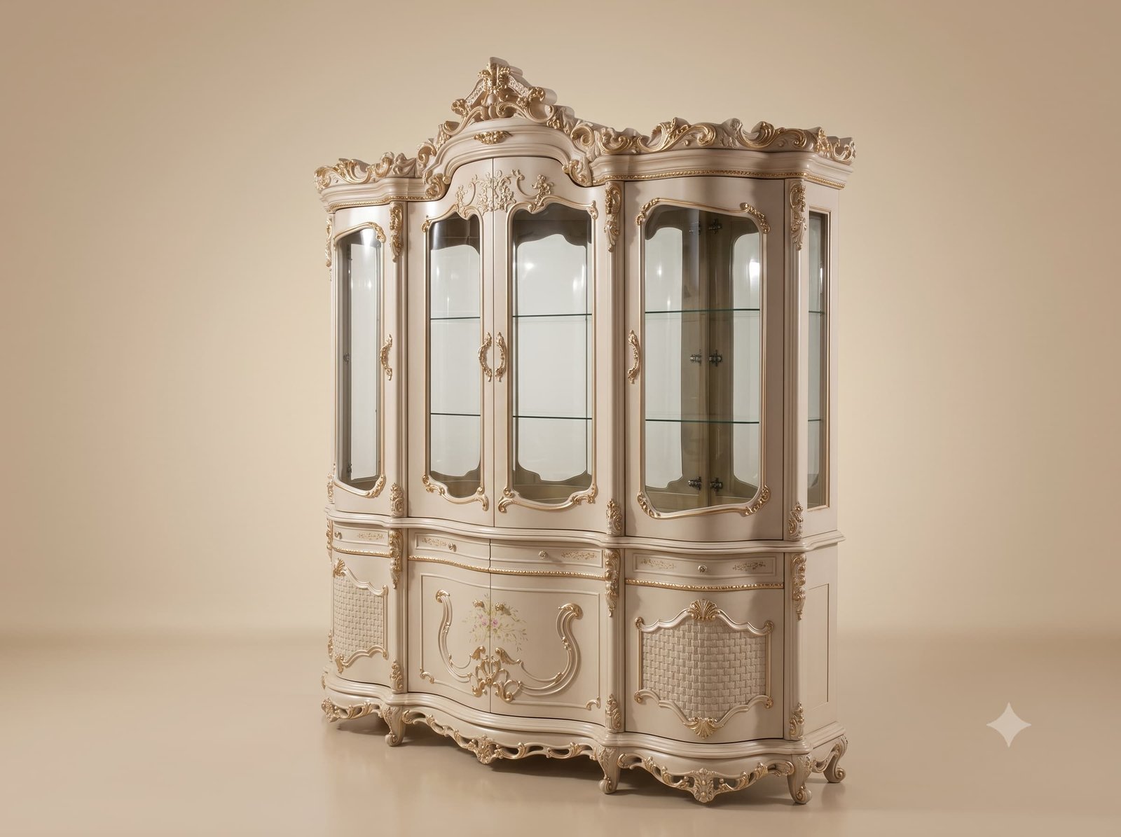Large Showcase in Ivory Teak with Serpentine Cupboard Base