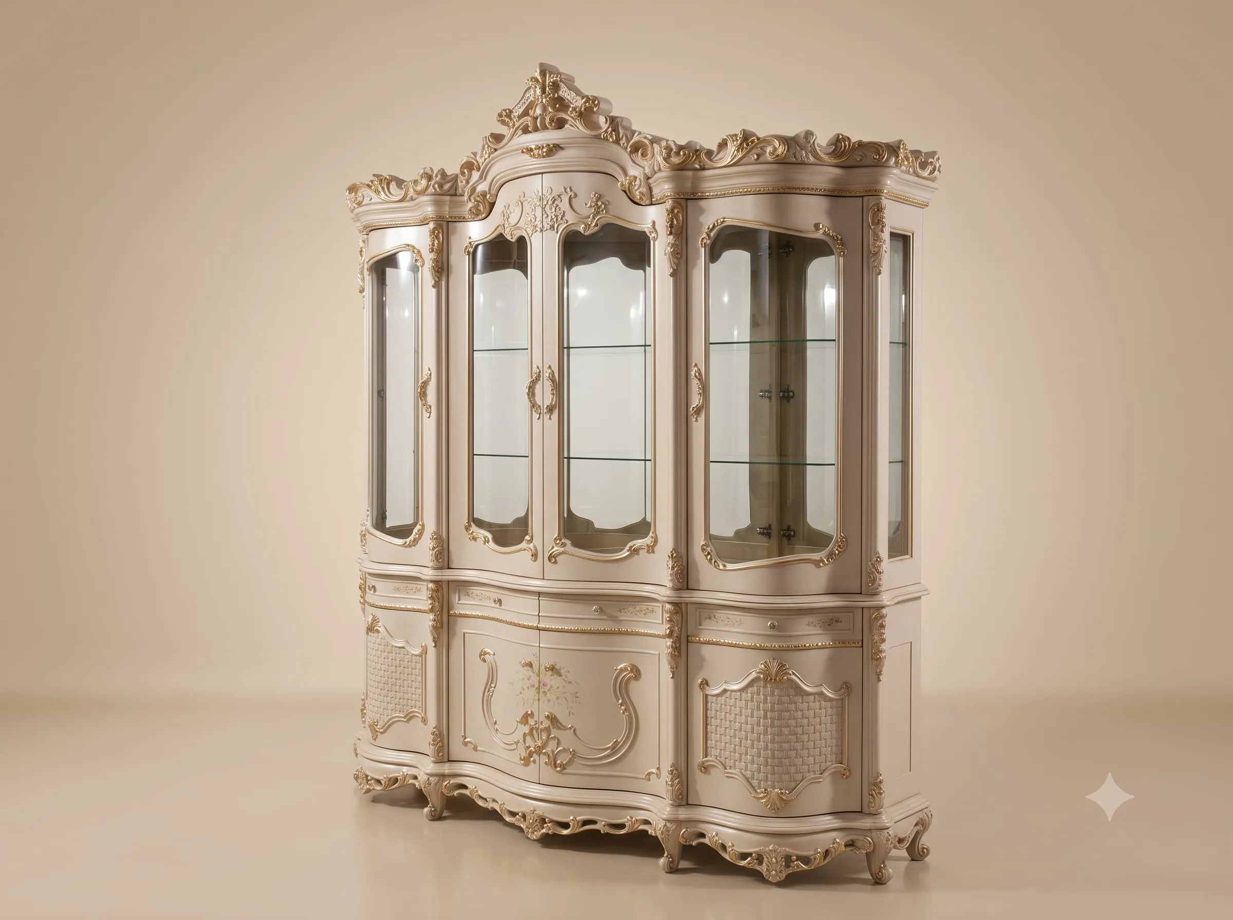 Large Showcase in Ivory Teak with Serpentine Cupboard Base