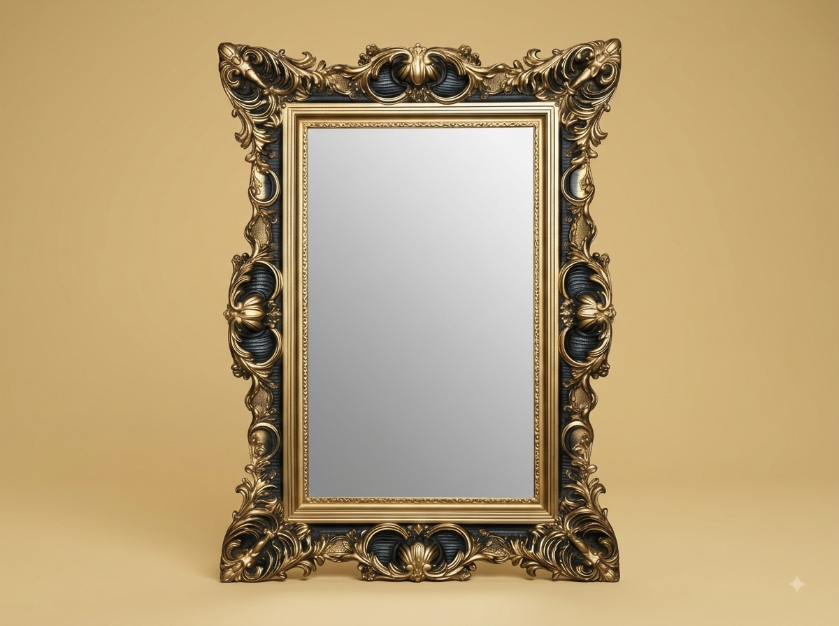 Hand-Carved Teak Wood Black and Gold Rococo Mirror | Gilt Shell Carved Frame