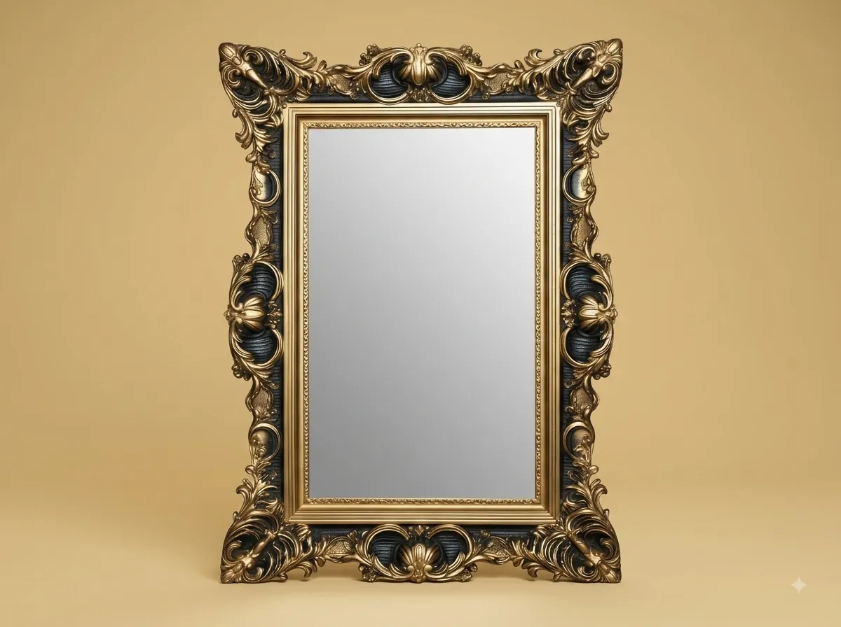 Hand-Carved Teak Wood Black and Gold Rococo Mirror | Gilt Shell Carved Frame