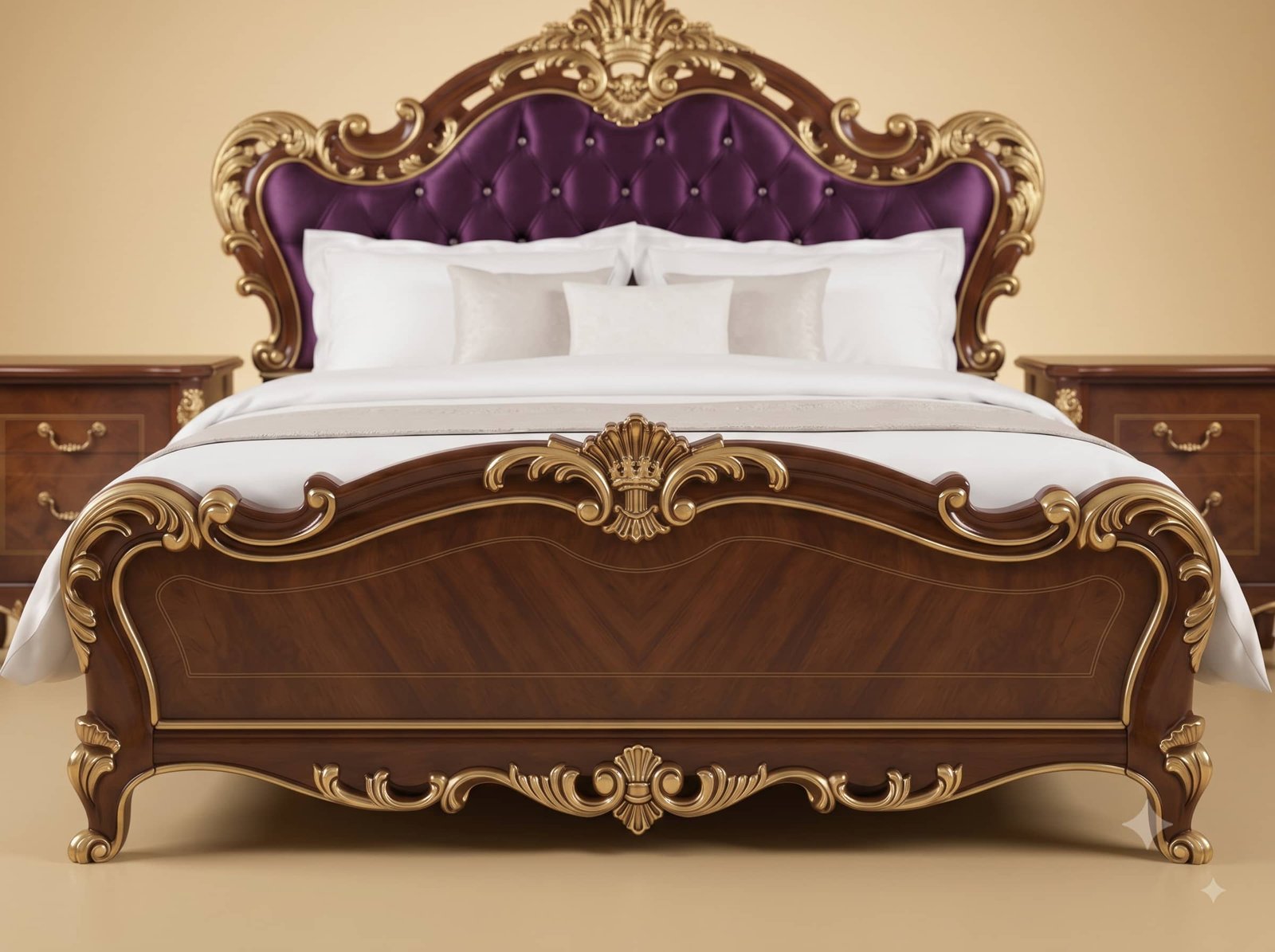 Queen Size Bed in Carved Teak - Purple Velvet Buttoned Headboard - Image 3