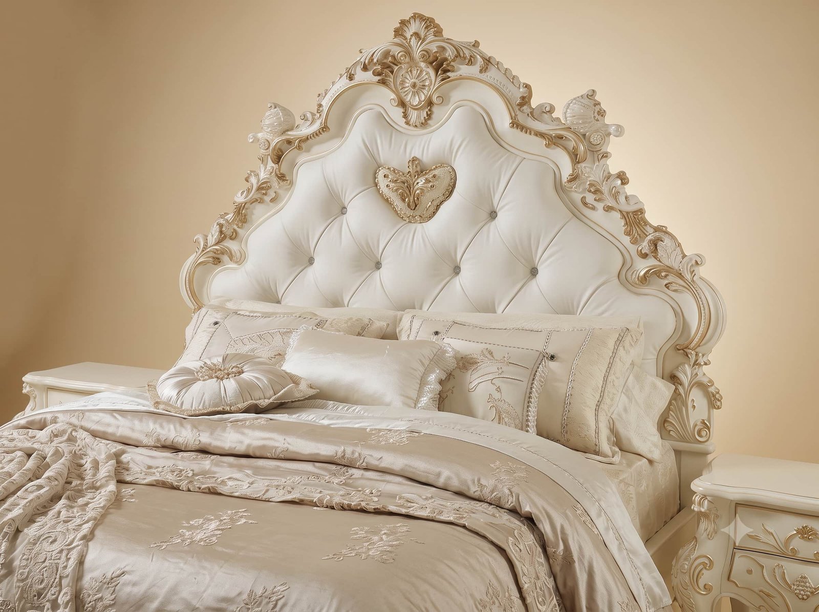 French Style Bed in Carved Teak - Ivory with Buttoned Headboard - Image 4