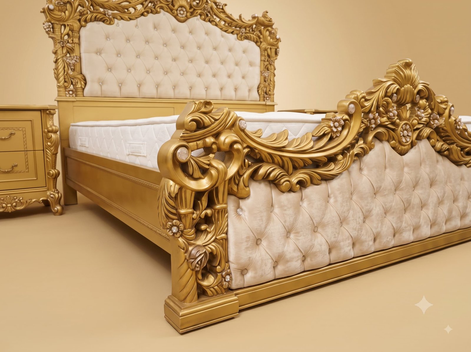 Maharaja Bed in Carved Teak - Gold Finish with Tufted Headboard - Image 2
